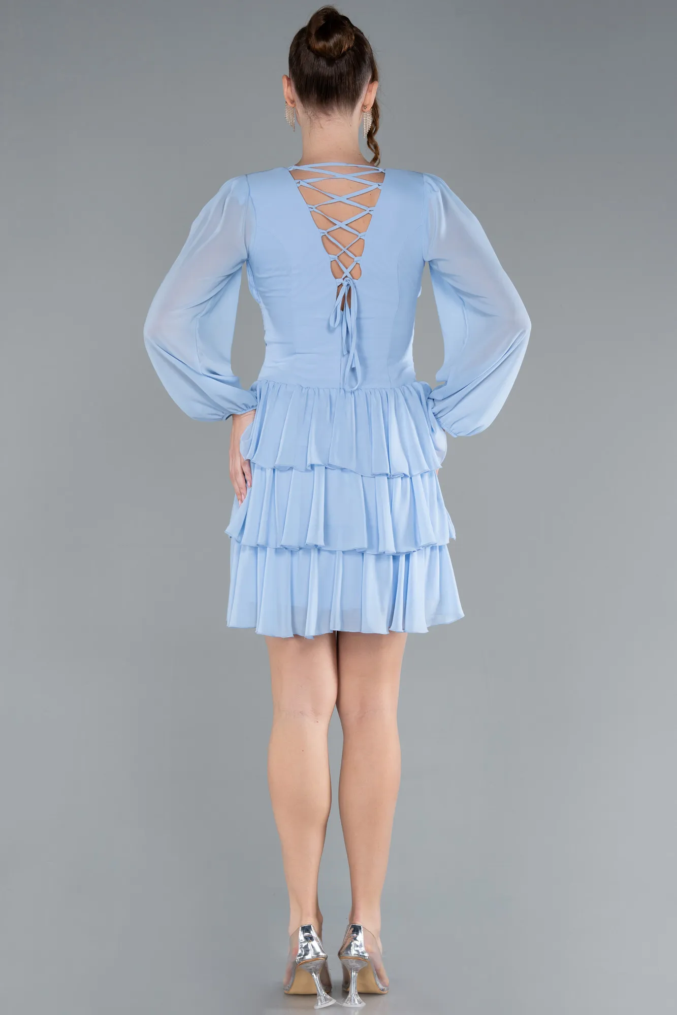 Long Sleeve V Neck Chiffon Short Cocktail Dress ABK2281
