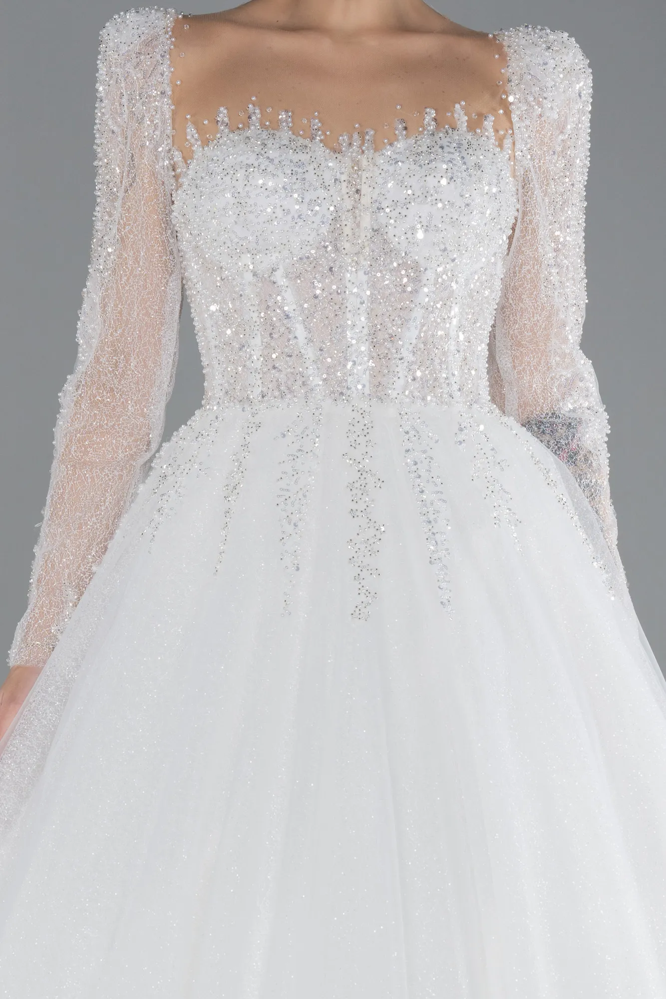 Stoned Long Sleeve Underwire Silvery Wedding Dress ABG055