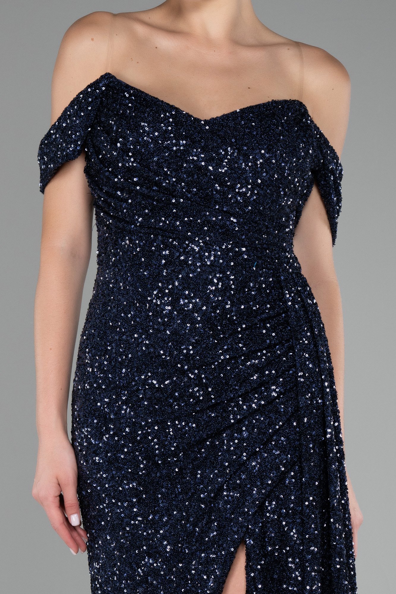 Off Shoulder Boat Neck Slit Sequined Long Evening Gown ABU4074