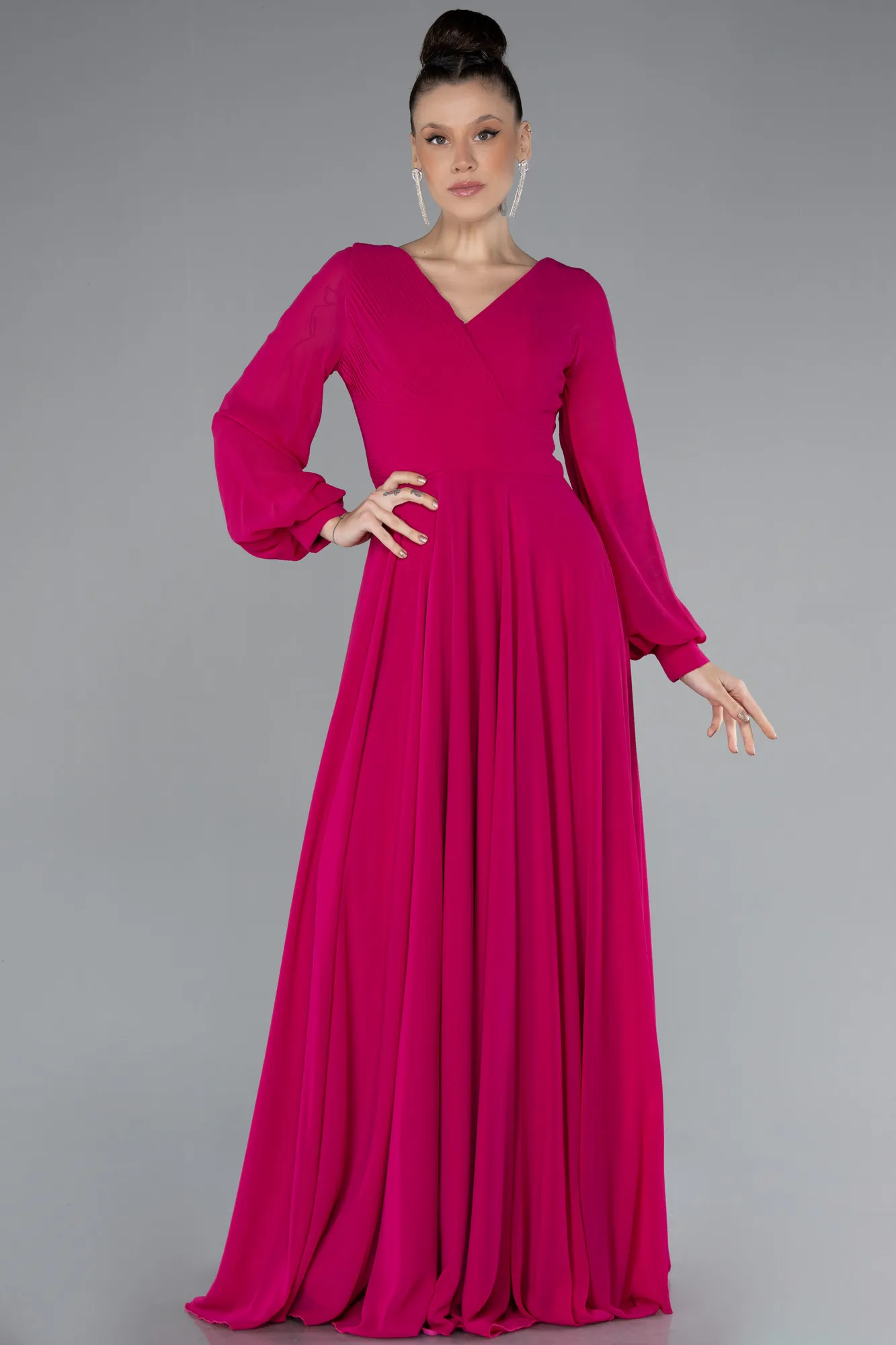 Long Sleeve V Neck Chiffon Evening Dress ABU4533