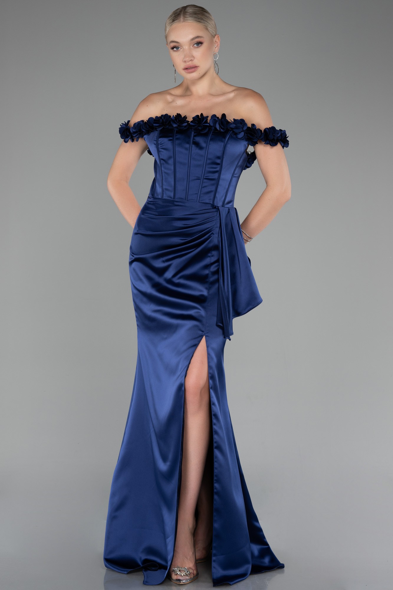 Slit Boat Neck Long Satin Evening Dress ABU4055