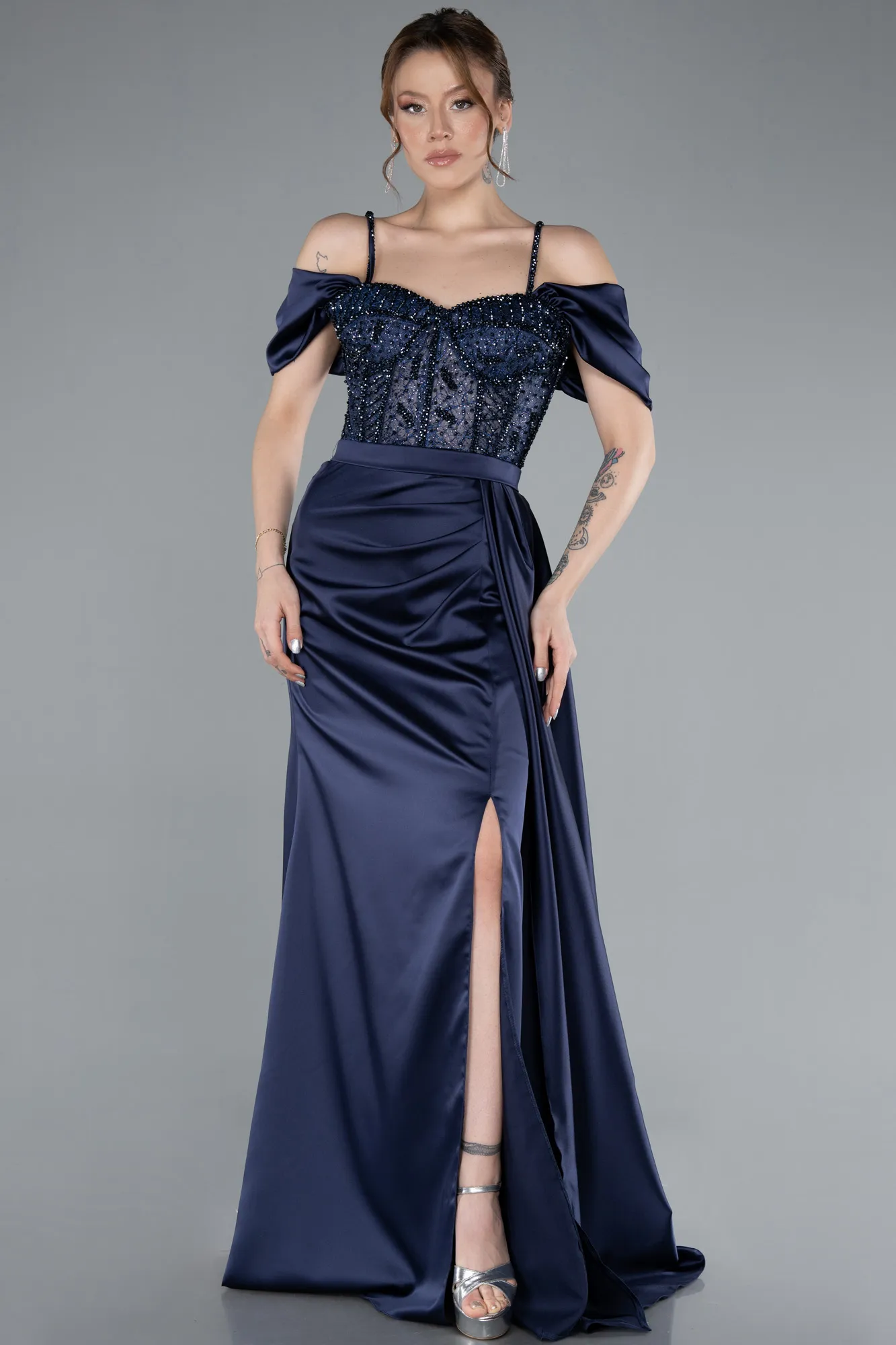Glittery Underwire Slit Long Satin Evening Gown ABU4801