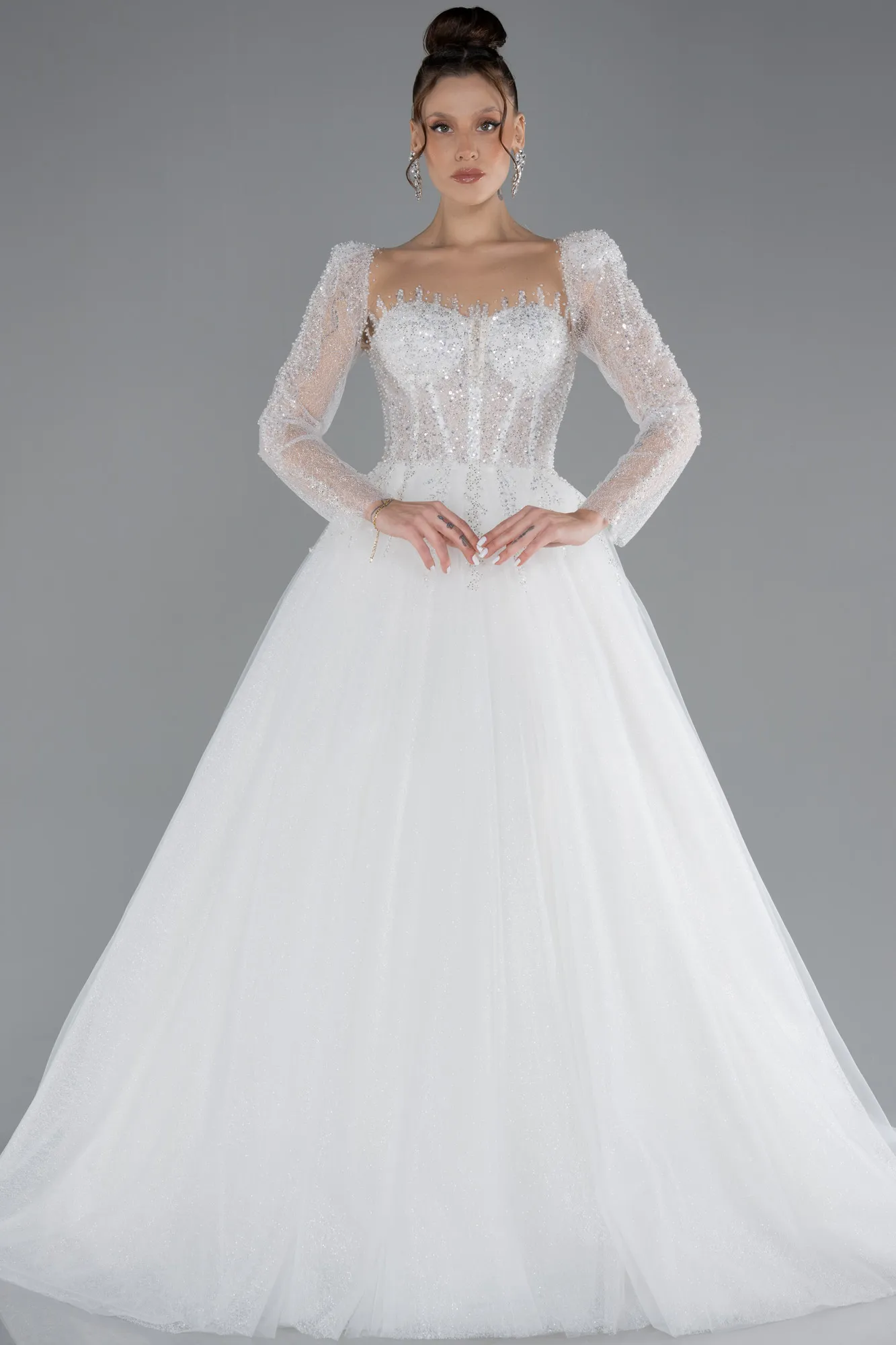 Stoned Long Sleeve Underwire Silvery Wedding Dress ABG055