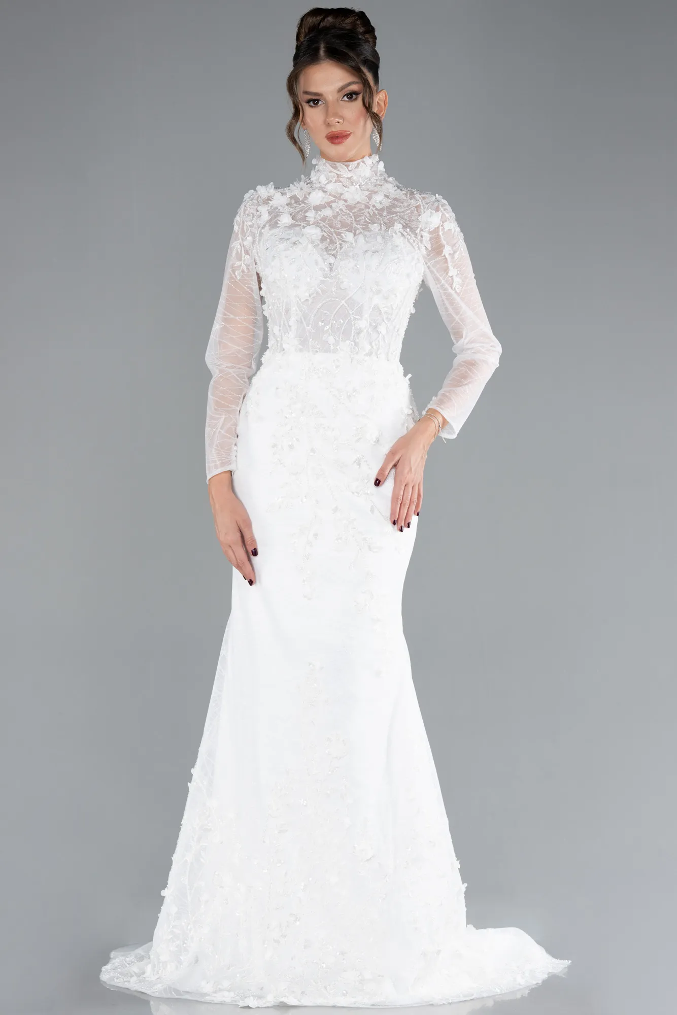 Long Sleeve Guipure Silvery Tail Wedding Dress ABU4342