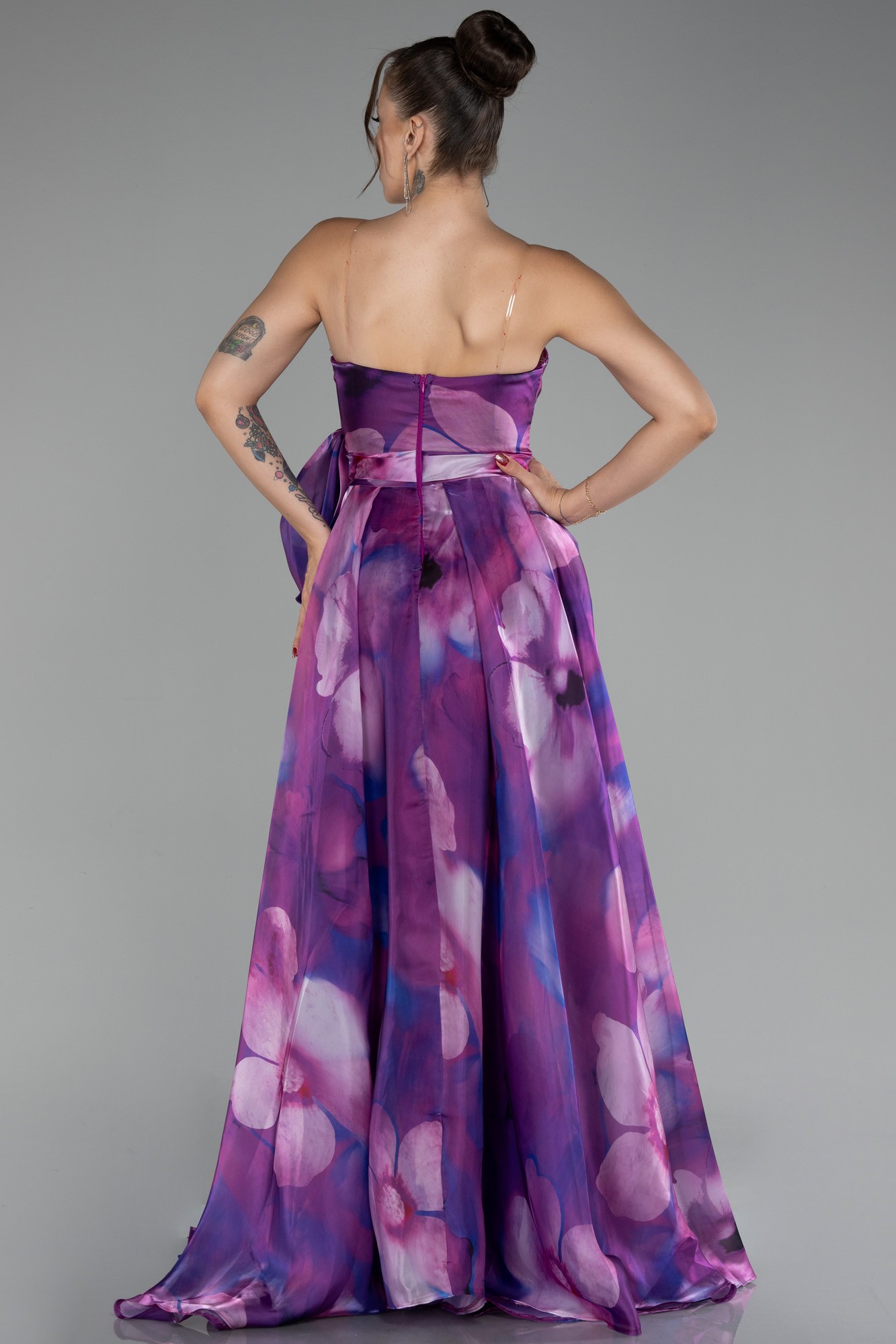 Strapless Slit Long Satin Printed Prom Gown ABU4157