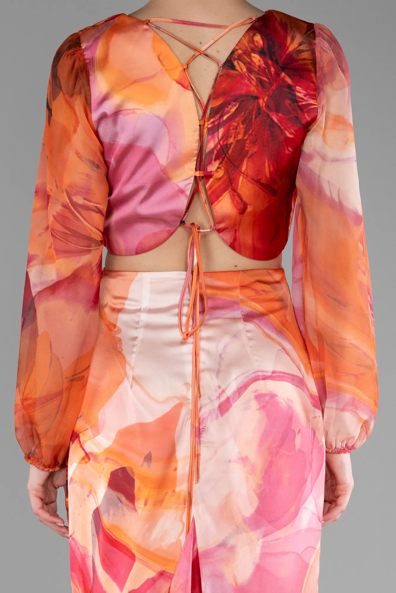 Long Sleeve Cut Out Patterned Satin Evening Dress ABU4067