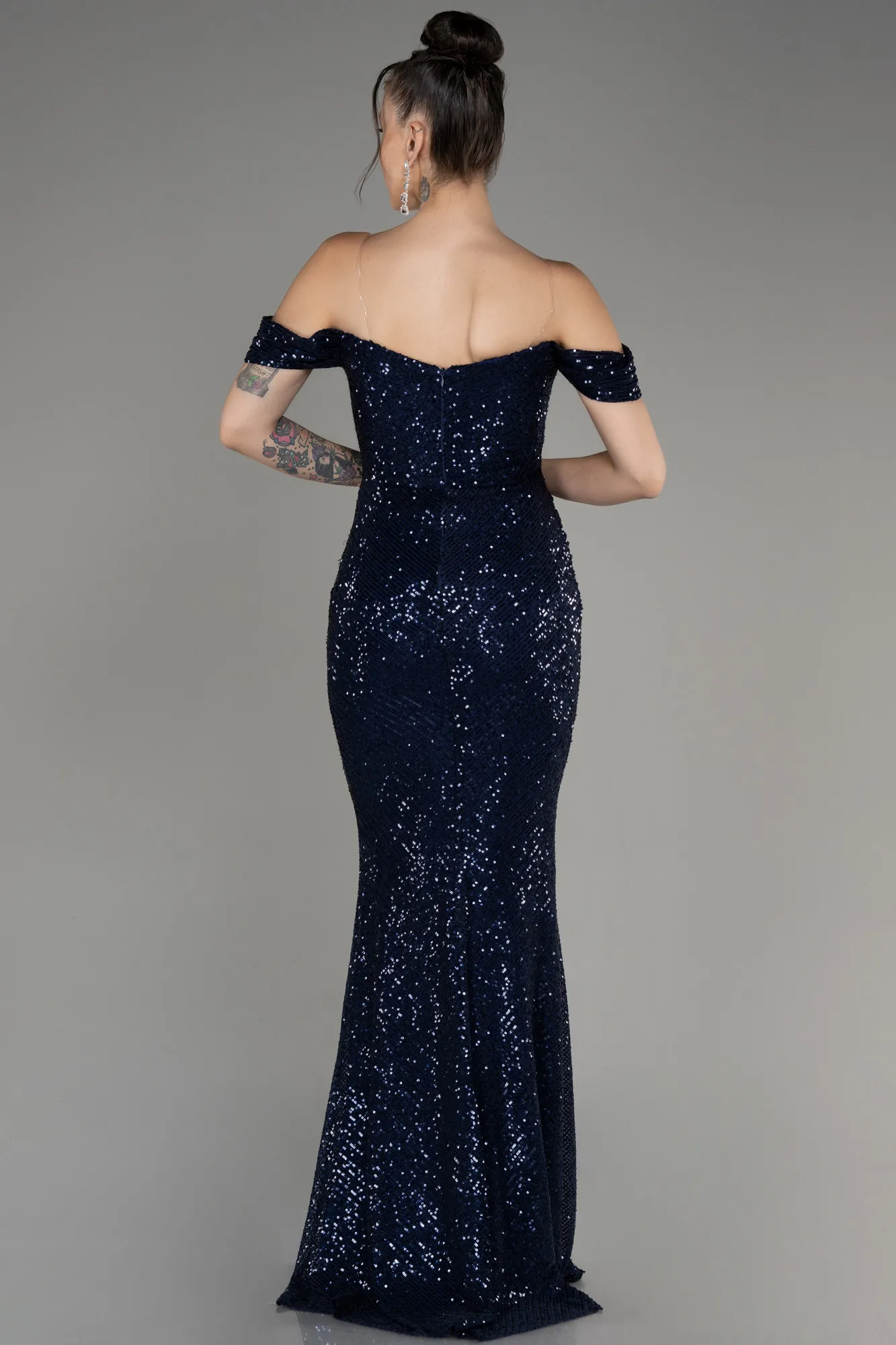 Boat Neck Slit Sequined Long Evening Dress ABU4040