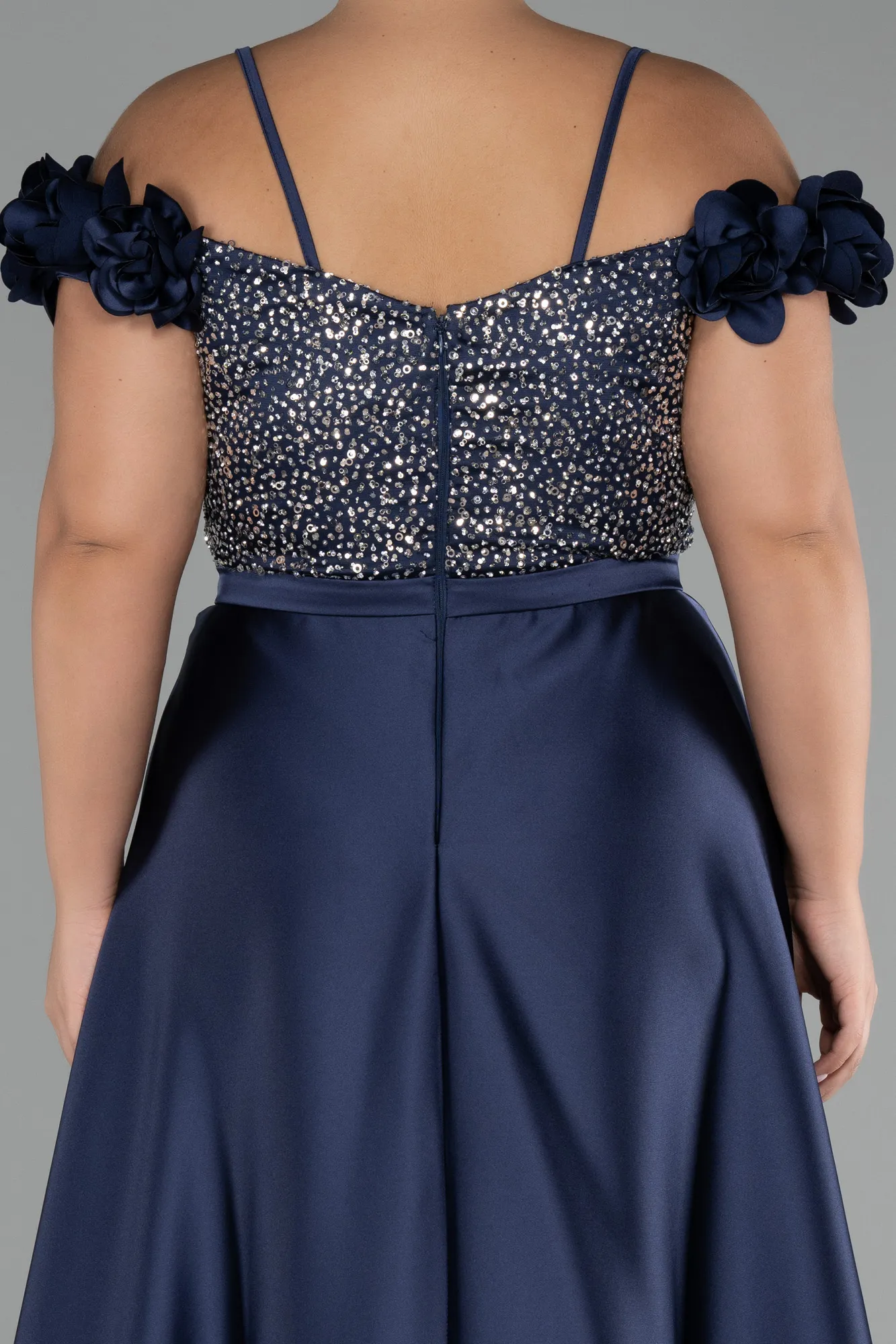 Sequined Boat Neck Long Satin Plus Size Evening Gown ABU4127