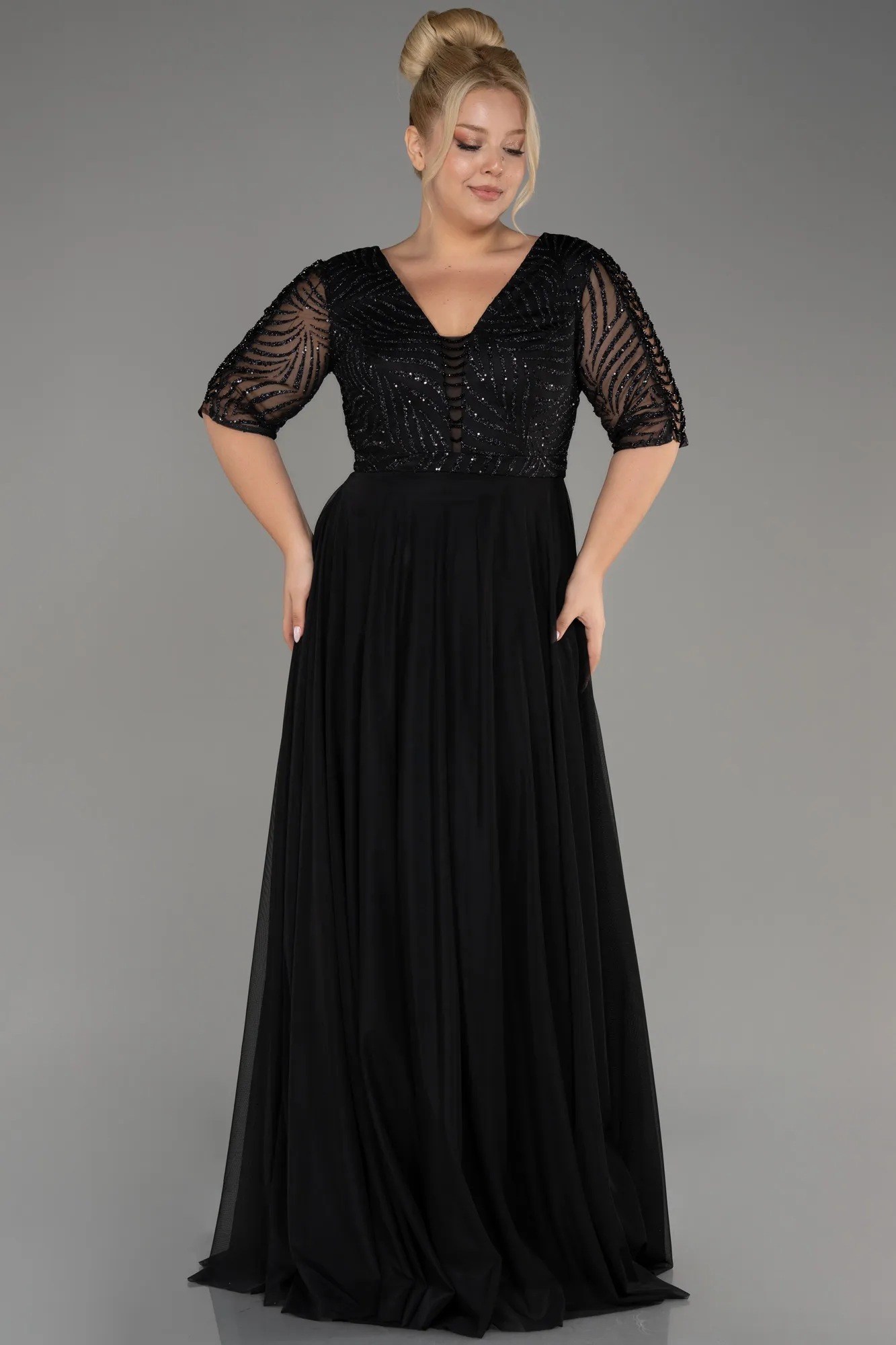 Glittery Short Sleeve Long Plus Size Evening Dress ABU3844