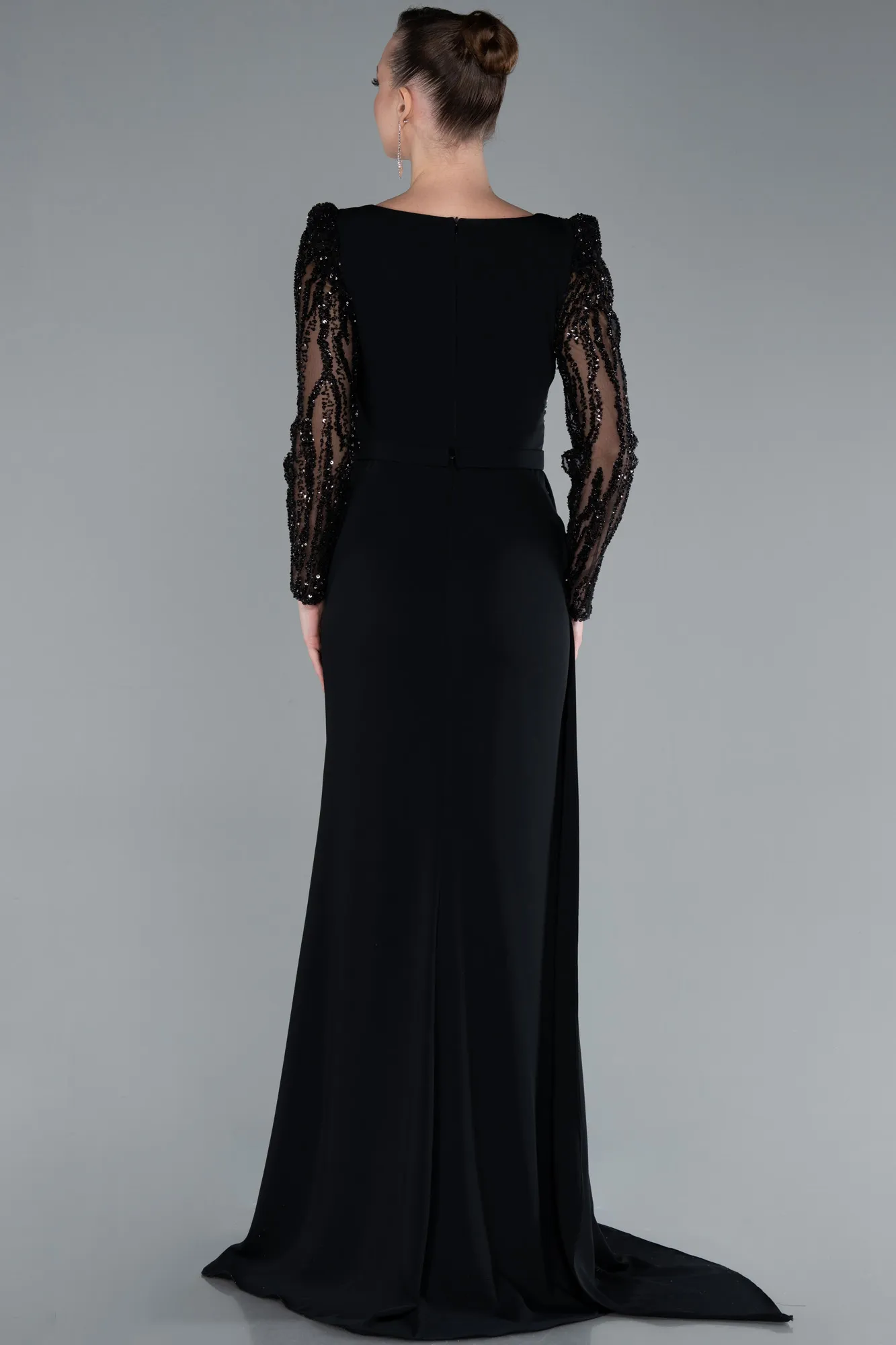 Stoned Long Sleeve Slit Chiffon Evening Gown ABU4732