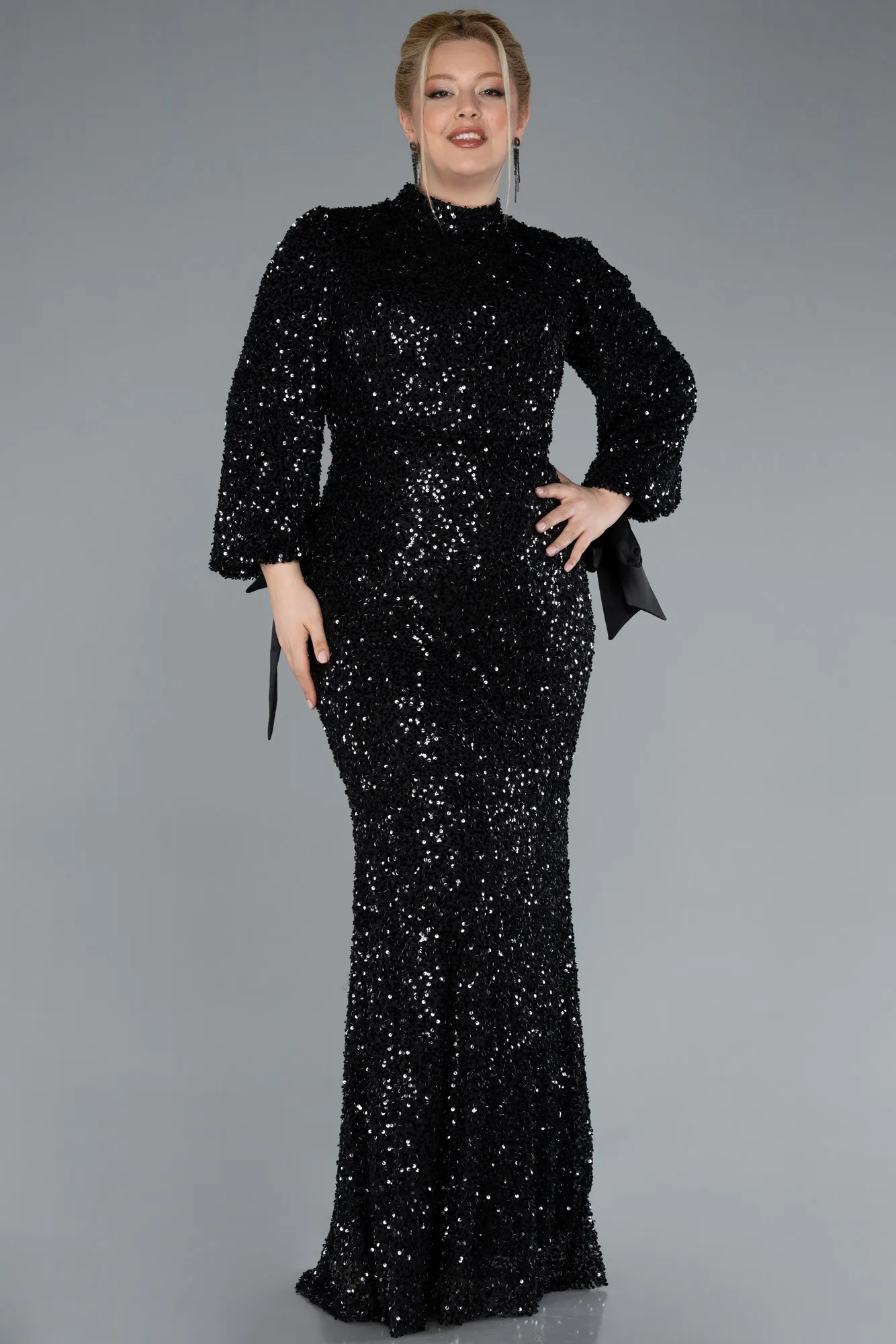 Long Sleeve High Collar Sequined Plus Size Evening Gown ABU4565