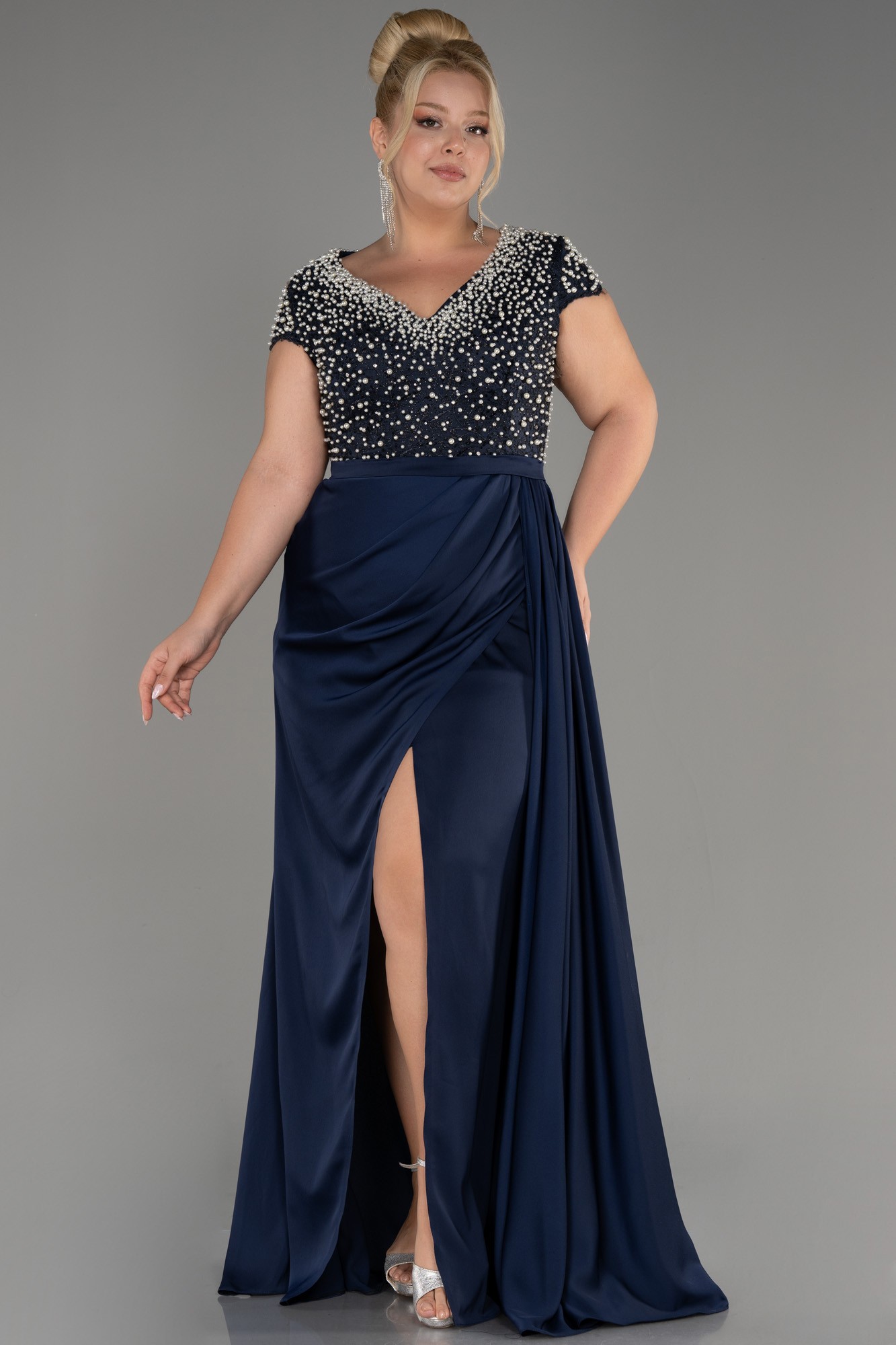 Slit Beaded Long Satin Plus Size Evening Gown ABU4053
