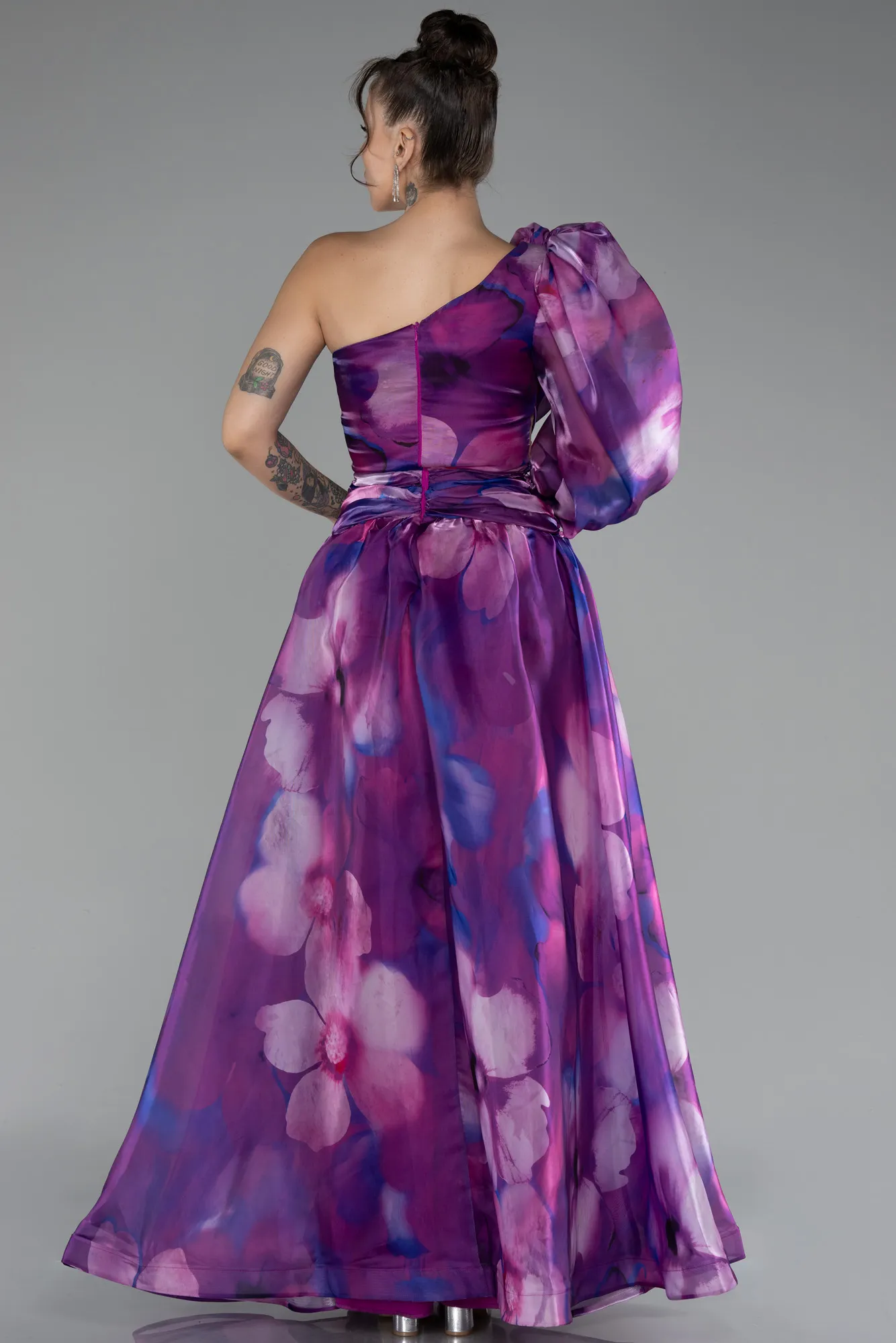 One Sleeve Slit Long Satin Patterned Prom Gown ABU4208