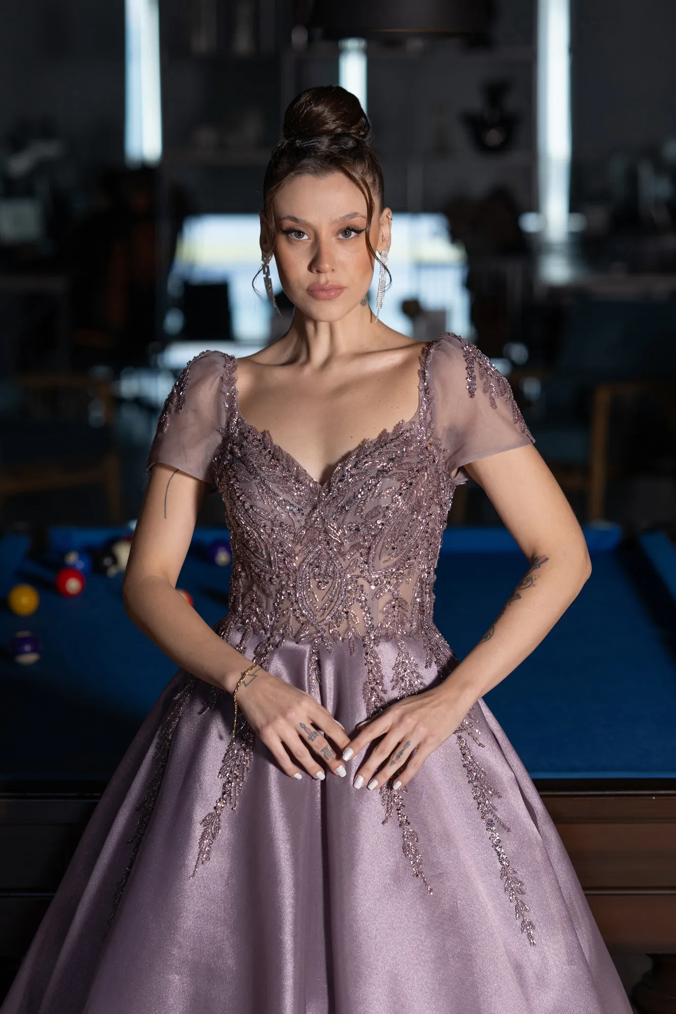 Short Sleeve Stone Special Design Evening Dress ABU4449