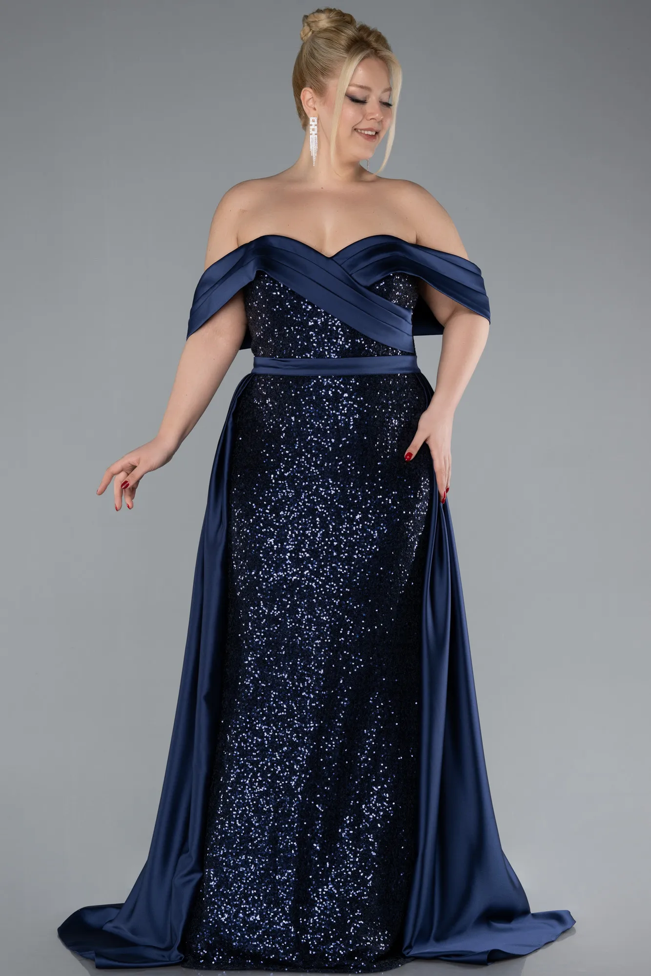 Boat Neck Tail Long Sequined Plus Size Evening Gown ABU4516