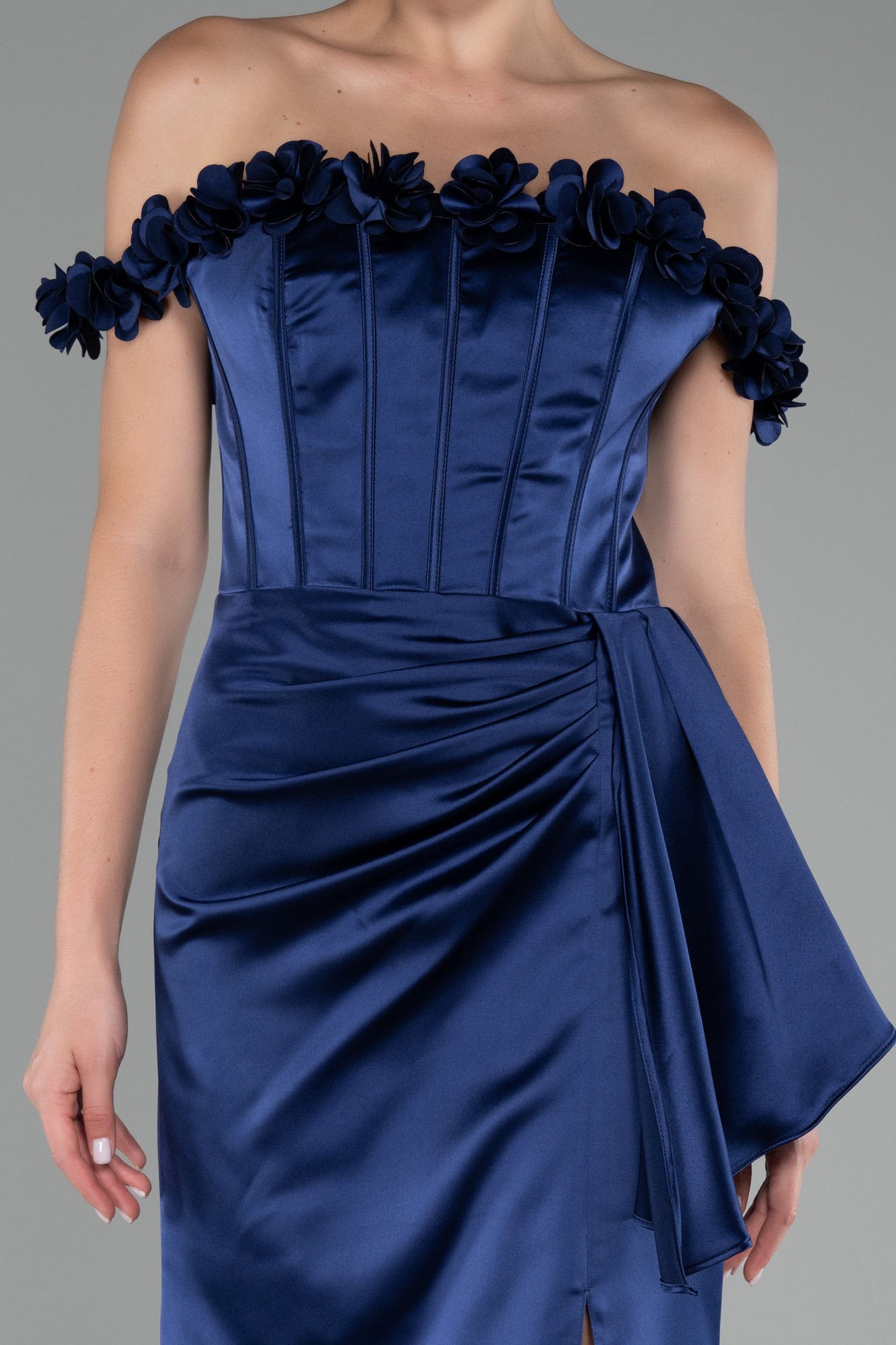 Slit Boat Neck Long Satin Evening Dress ABU4055