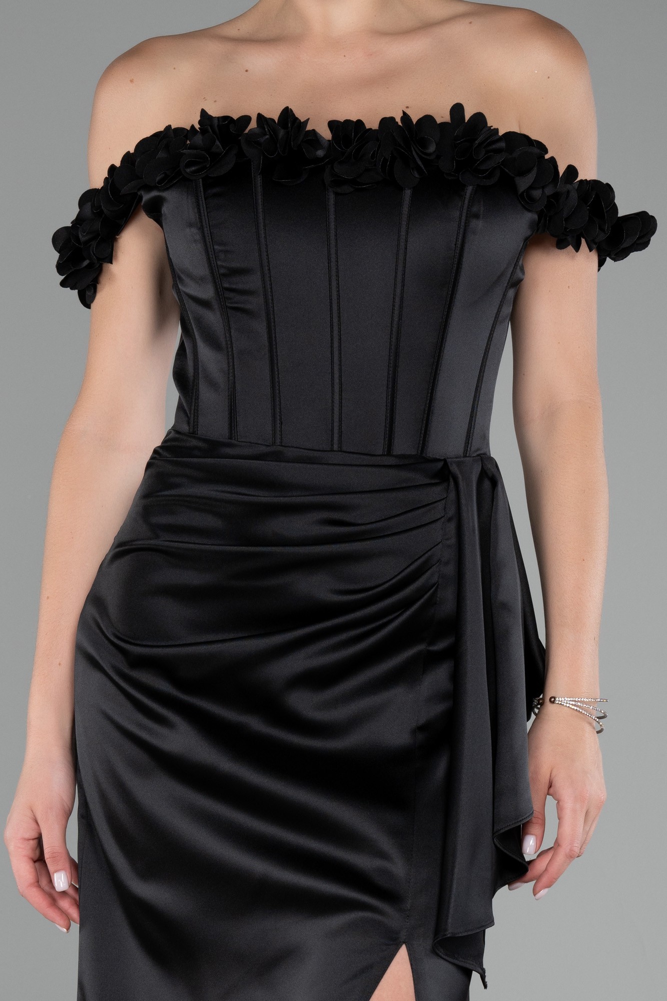 Slit Boat Neck Long Satin Evening Dress ABU4055