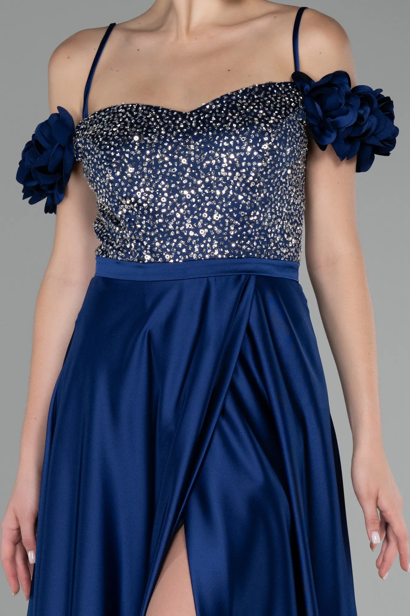 Sequined Boat Neck Slit Long Satin Evening Gown ABU4126