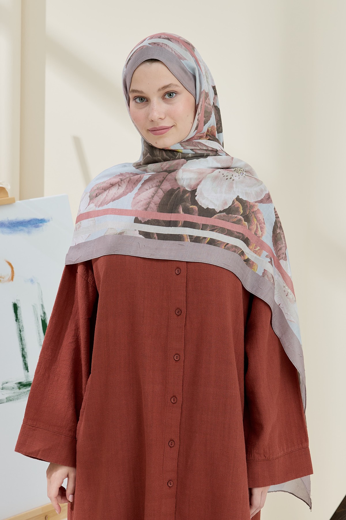 Rose Pattern Bamboo Shawl - Mink-Marsala