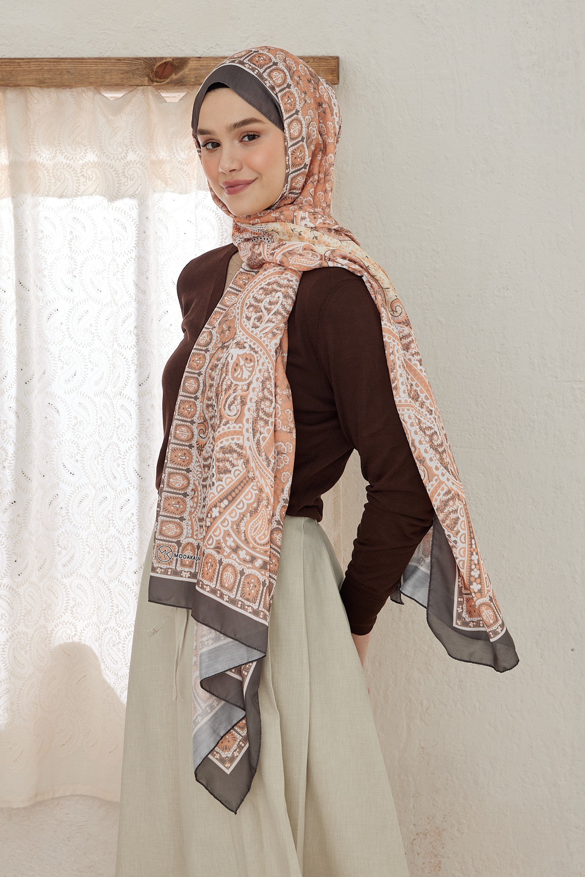 Tibetan Pattern Cotton Shawl - Acı Kahve-Soft Turuncu