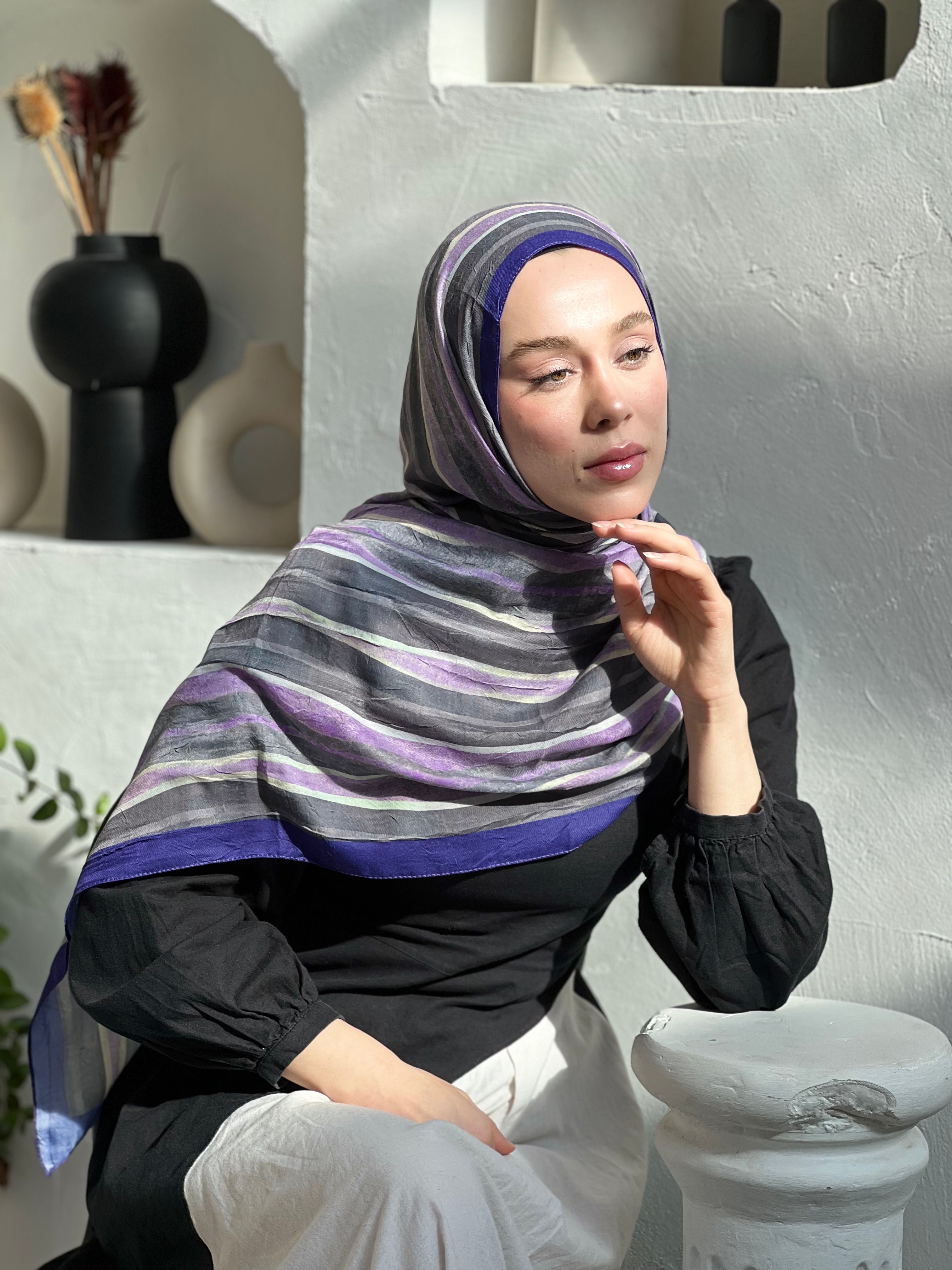 Stripe Pattern Bamboo Shawl - Midnight Blue