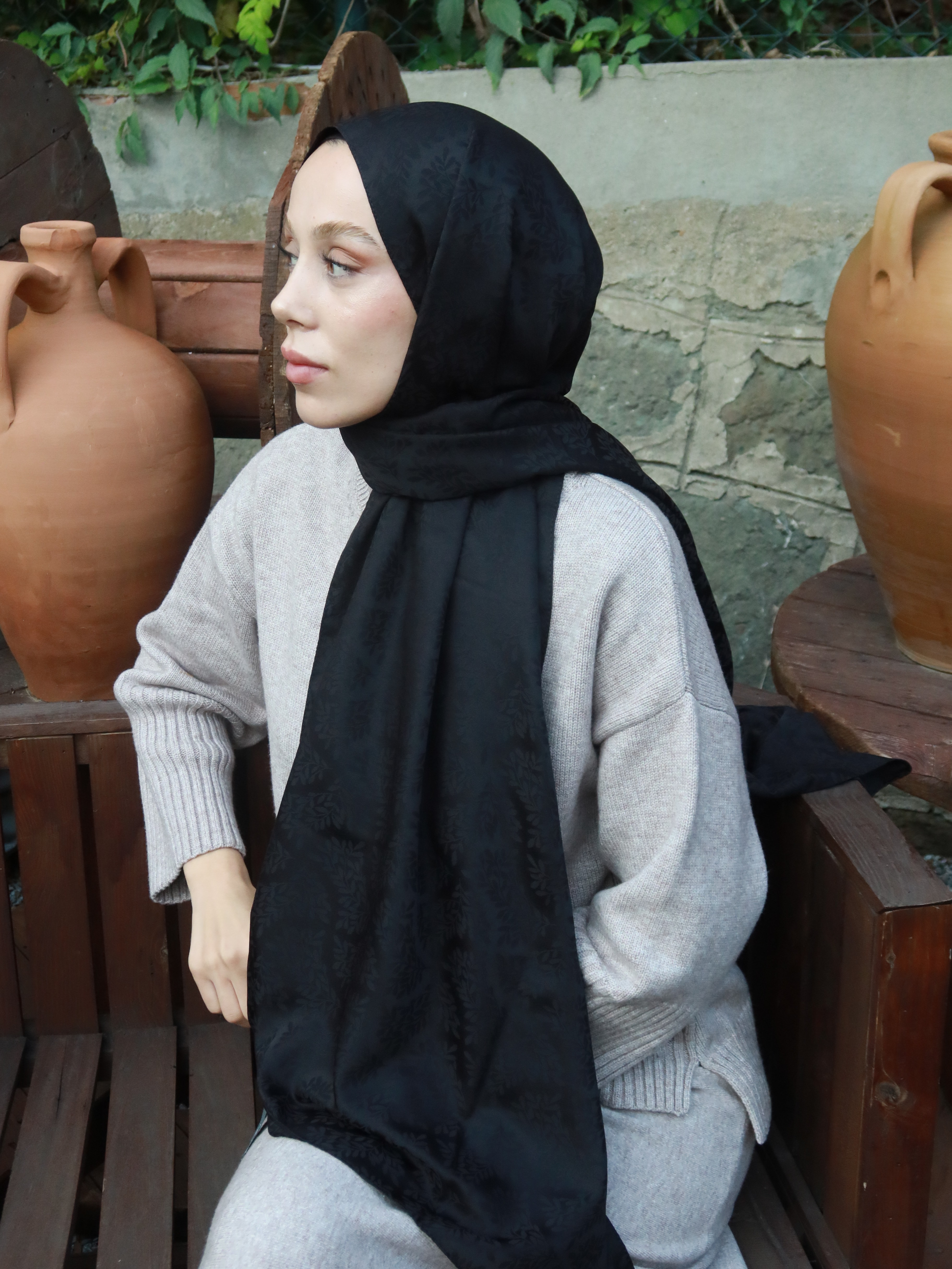 Hazan Desen İpeksi Jakar Şal - Siyah