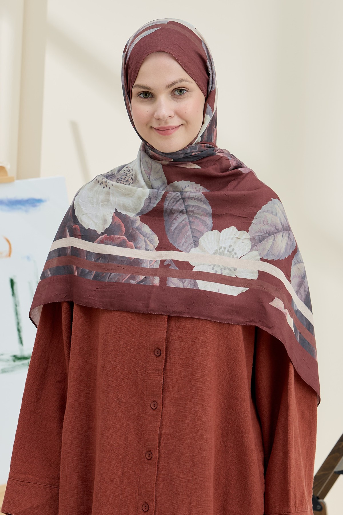 Gül Desen Bambu Şal - Bordo