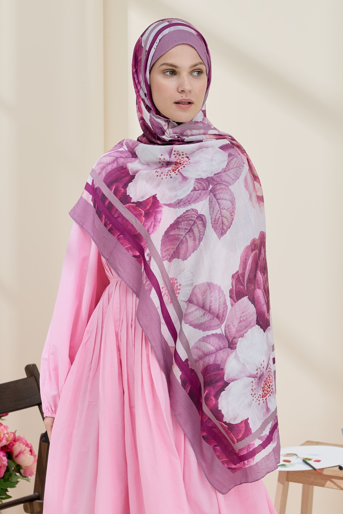 Gül Desen Bambu Şal - Marsala