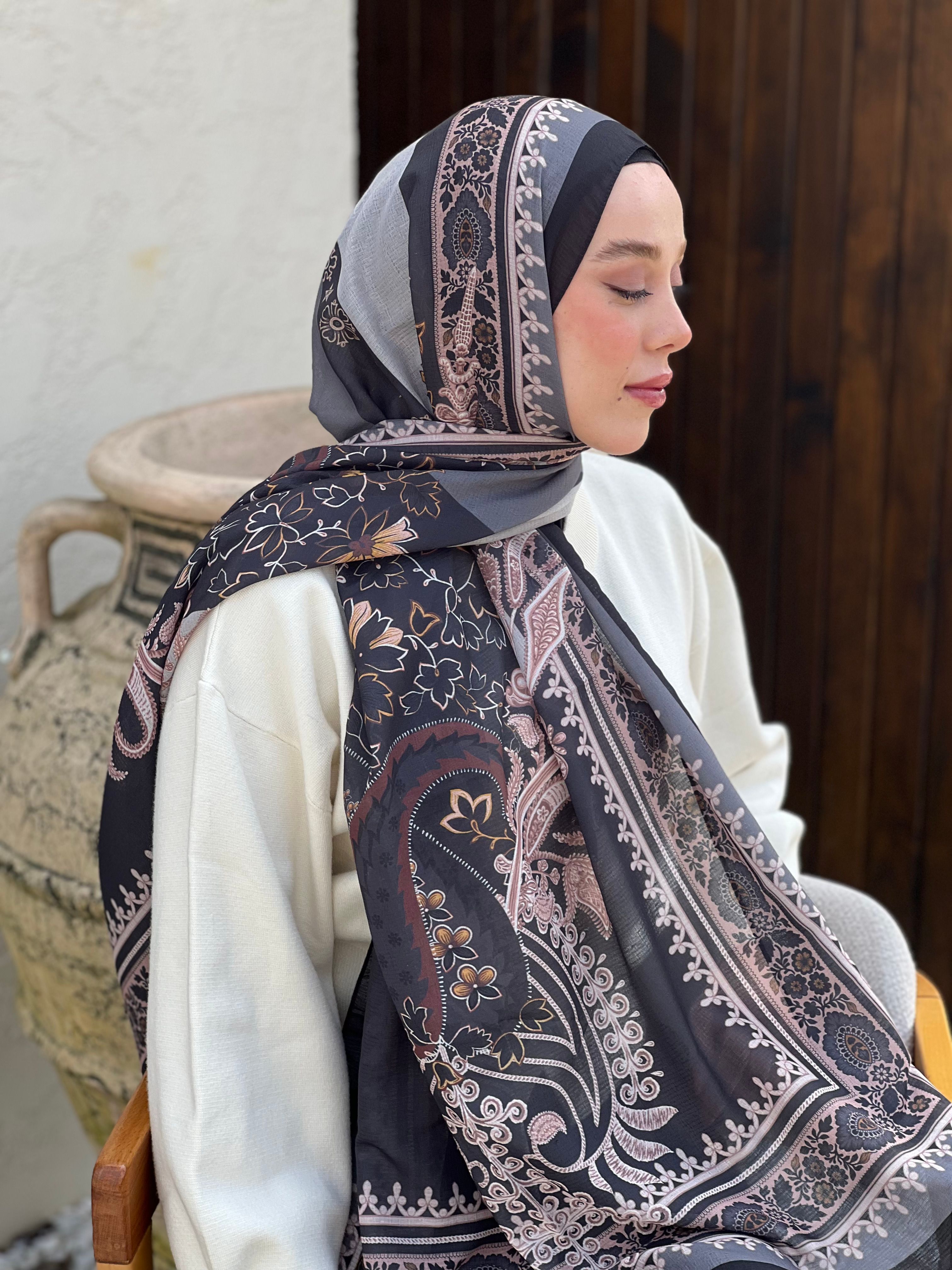 Meknes Pattern Lina Shawl - Black-Dark Gray