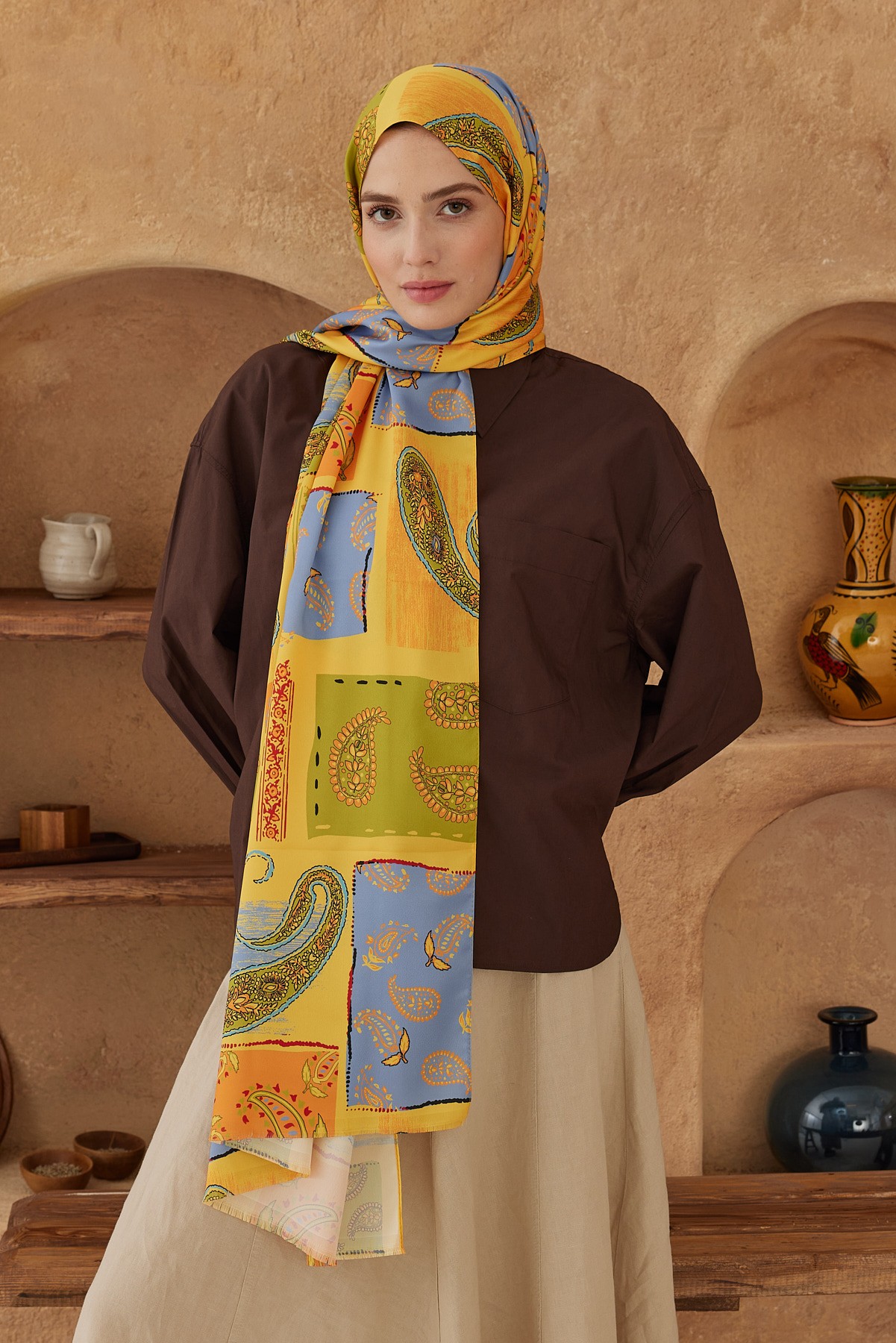 Silky Shawl Paisley Patchwork Pattern - Sarı-Gri