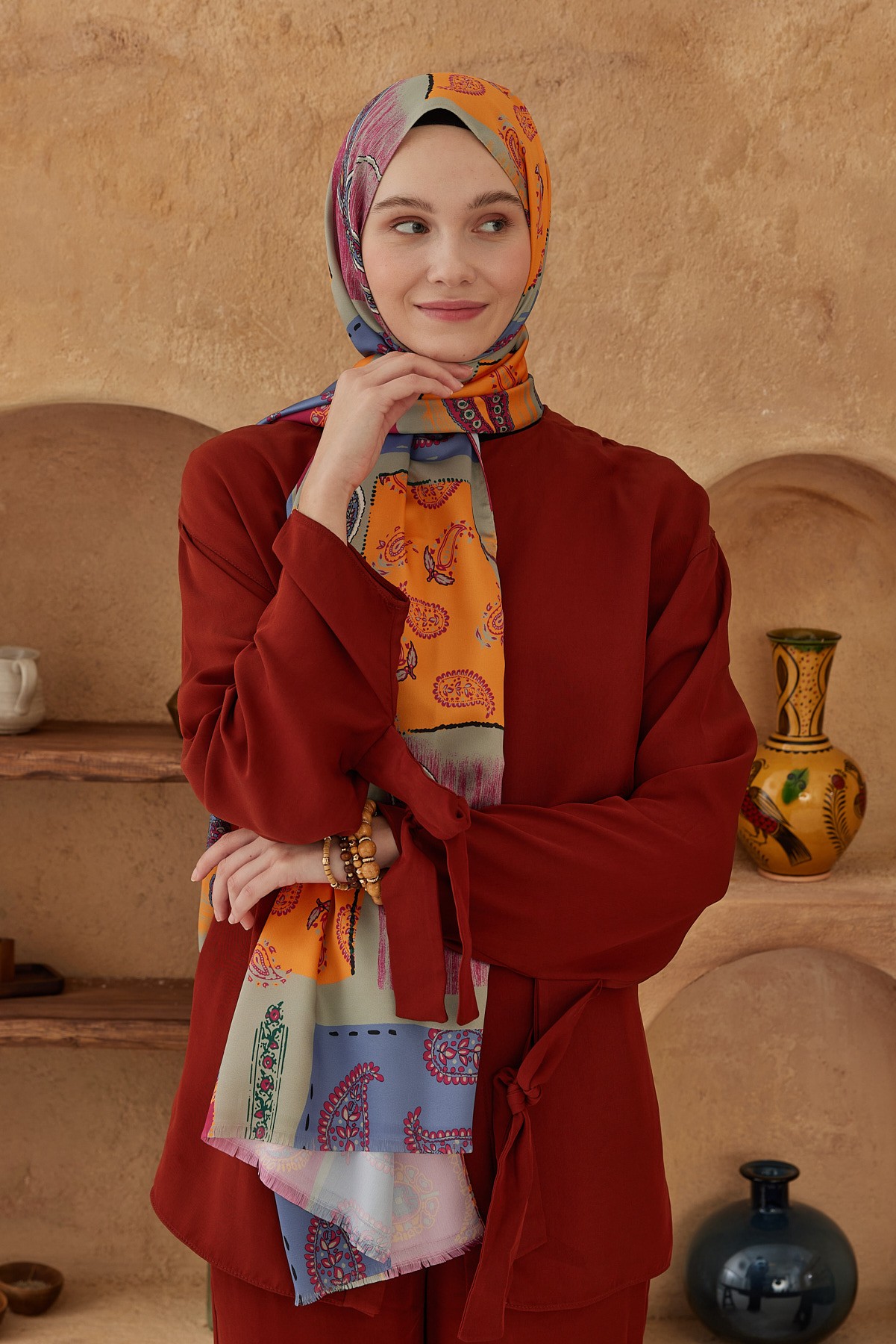 Silky Shawl Paisley Patchwork Pattern - Antik Bej-Fuşya