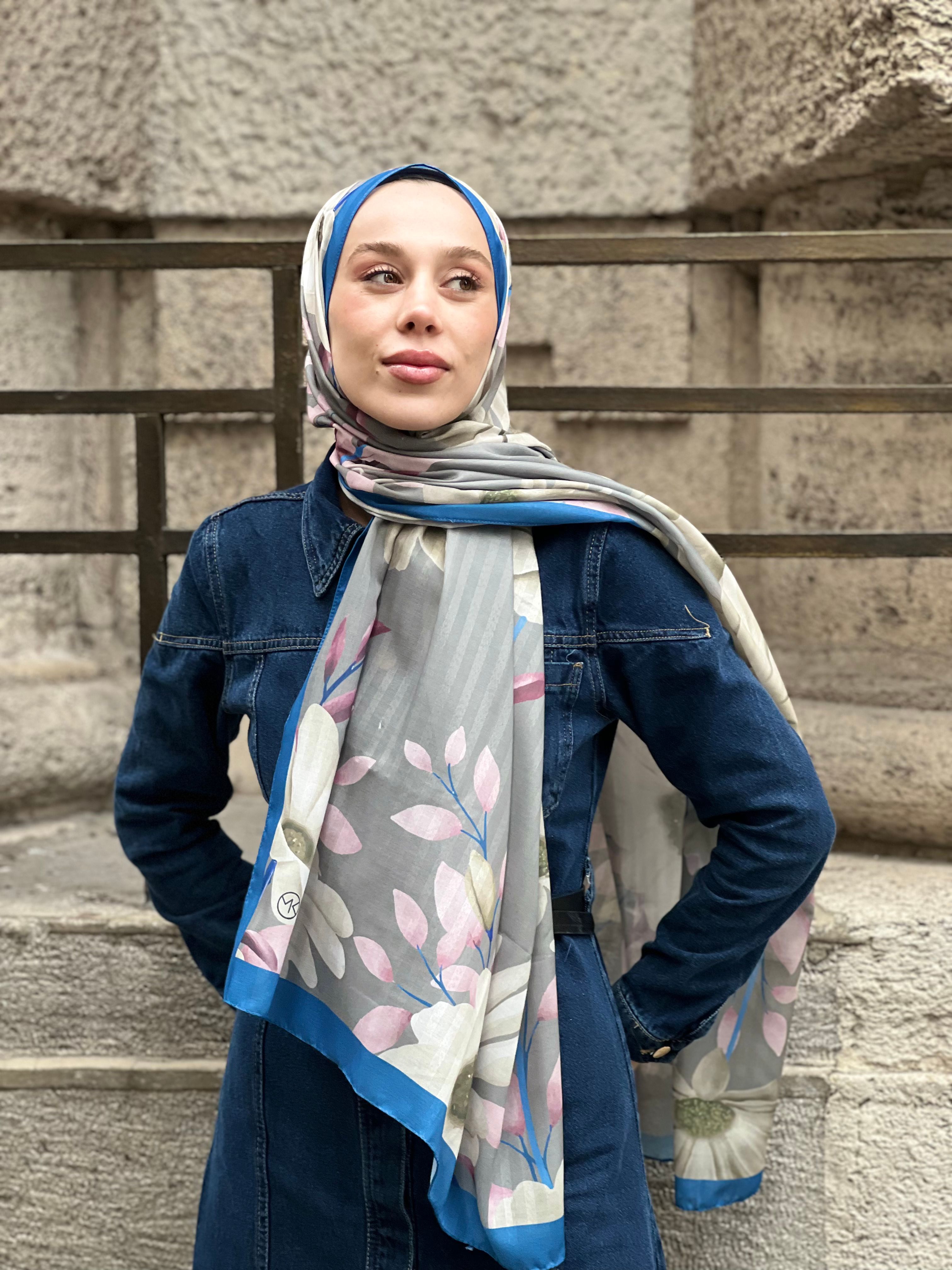 Kamelia Pattern Striped Shawl - İndigo