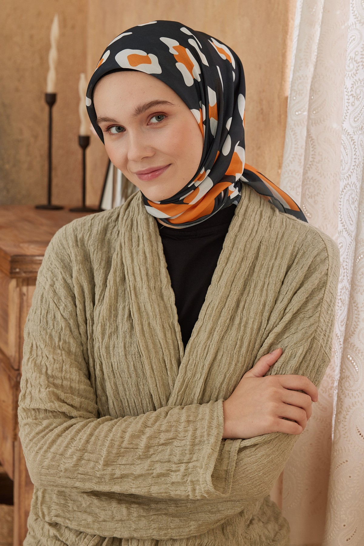 Stripe Leopard Pattern Cotton Scarf - Siyah-Turuncu