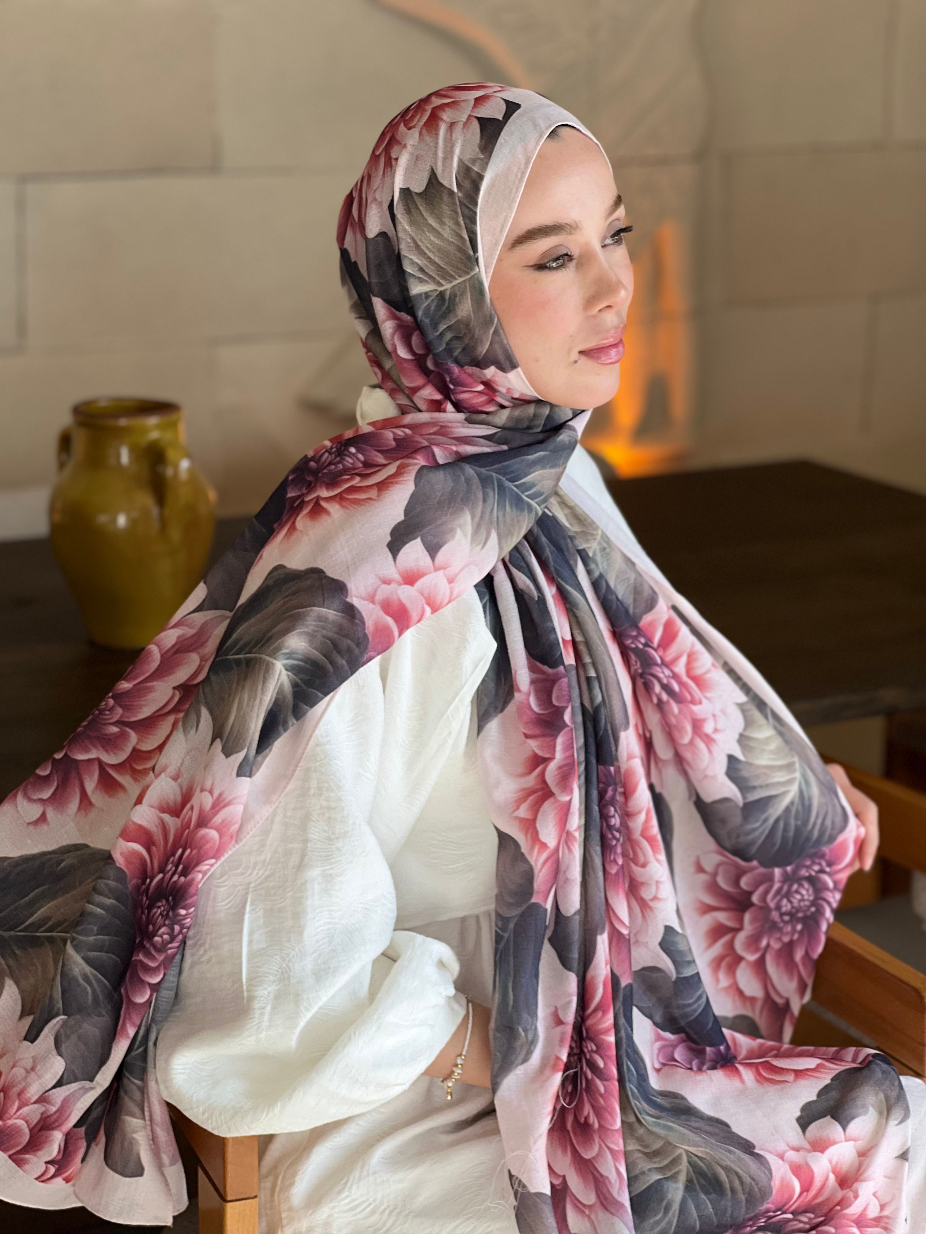Ortanca Desen Lina Şal - Beyaz