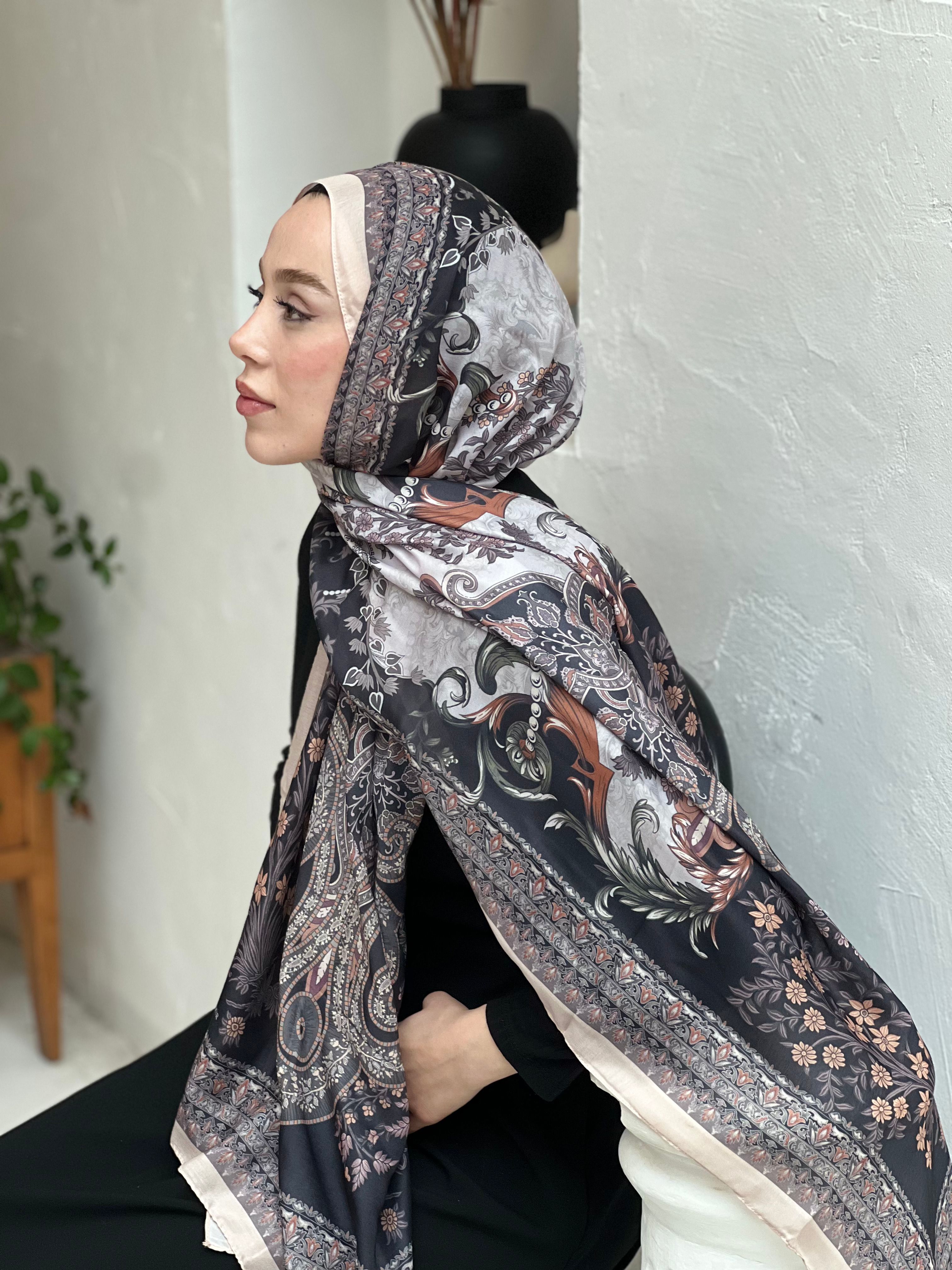 Miniature Flower Pattern Cotton Shawl - Oleaster-Dusty Brown