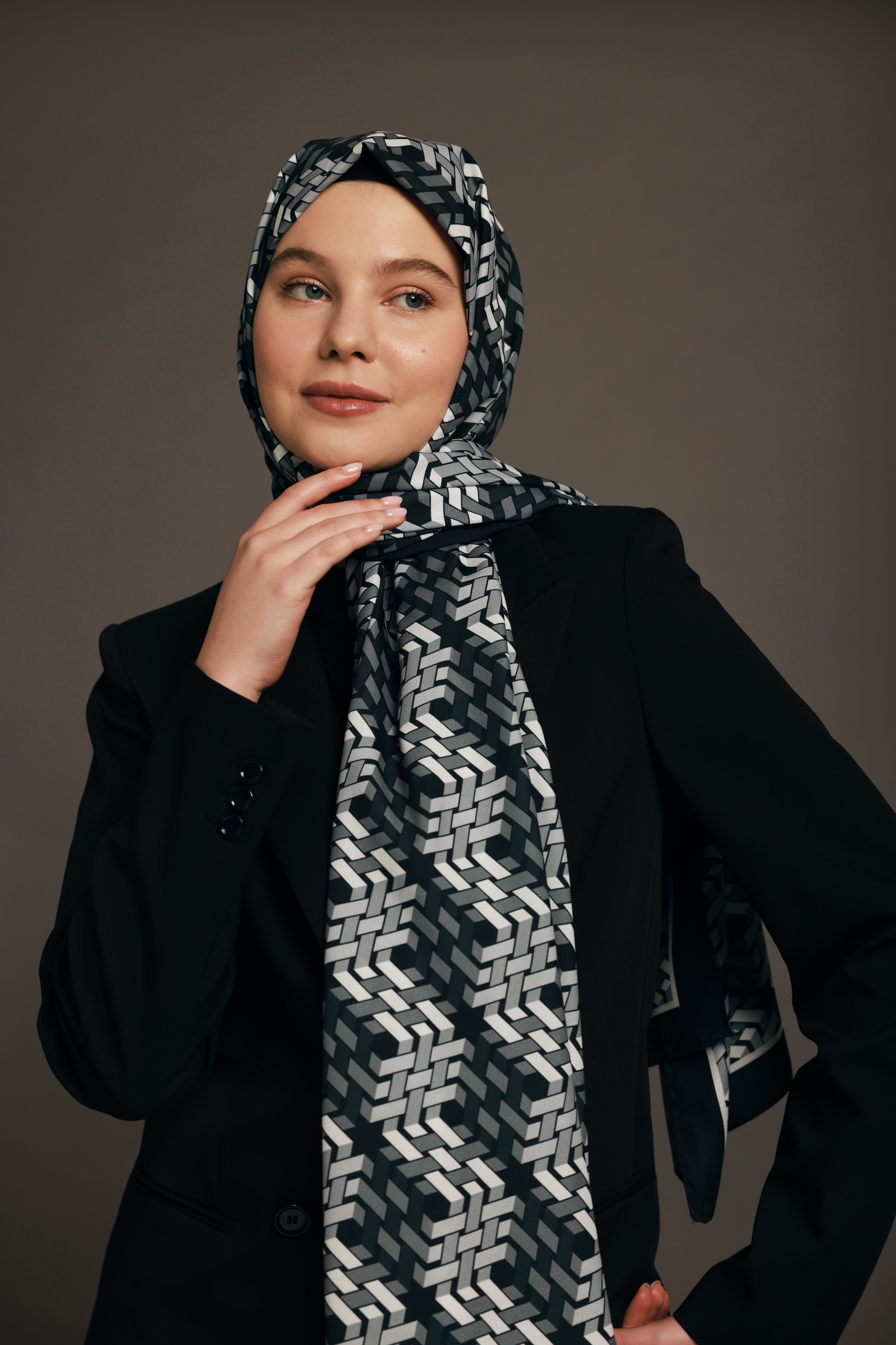 3D Scarf Cube Pattern Medina Silk Shawl - Siyah