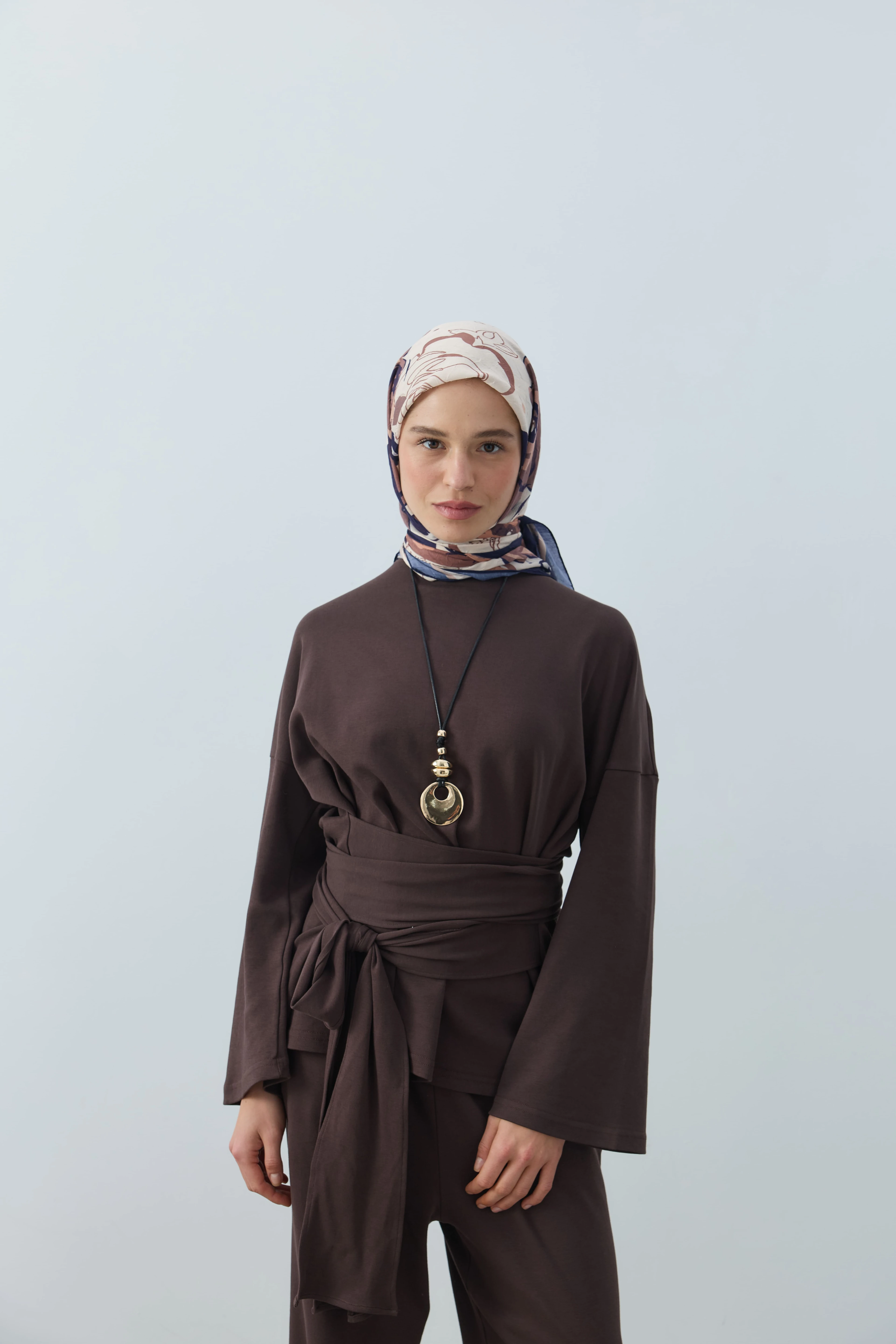 Olyvia Desen Bambu Eşarp - Lacivert-Karamel