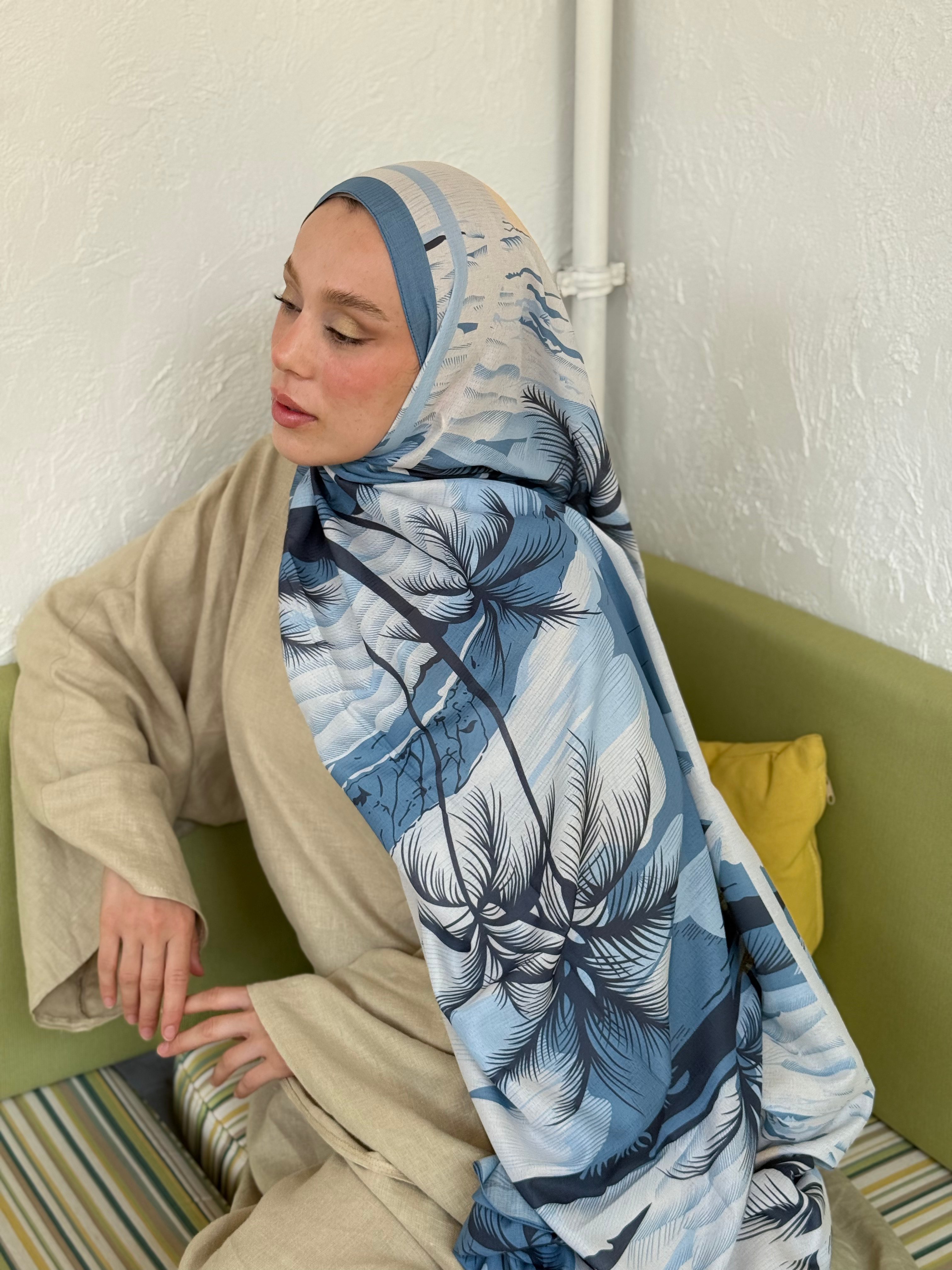 Palm Desen Lina Serisi Şal - Mavi