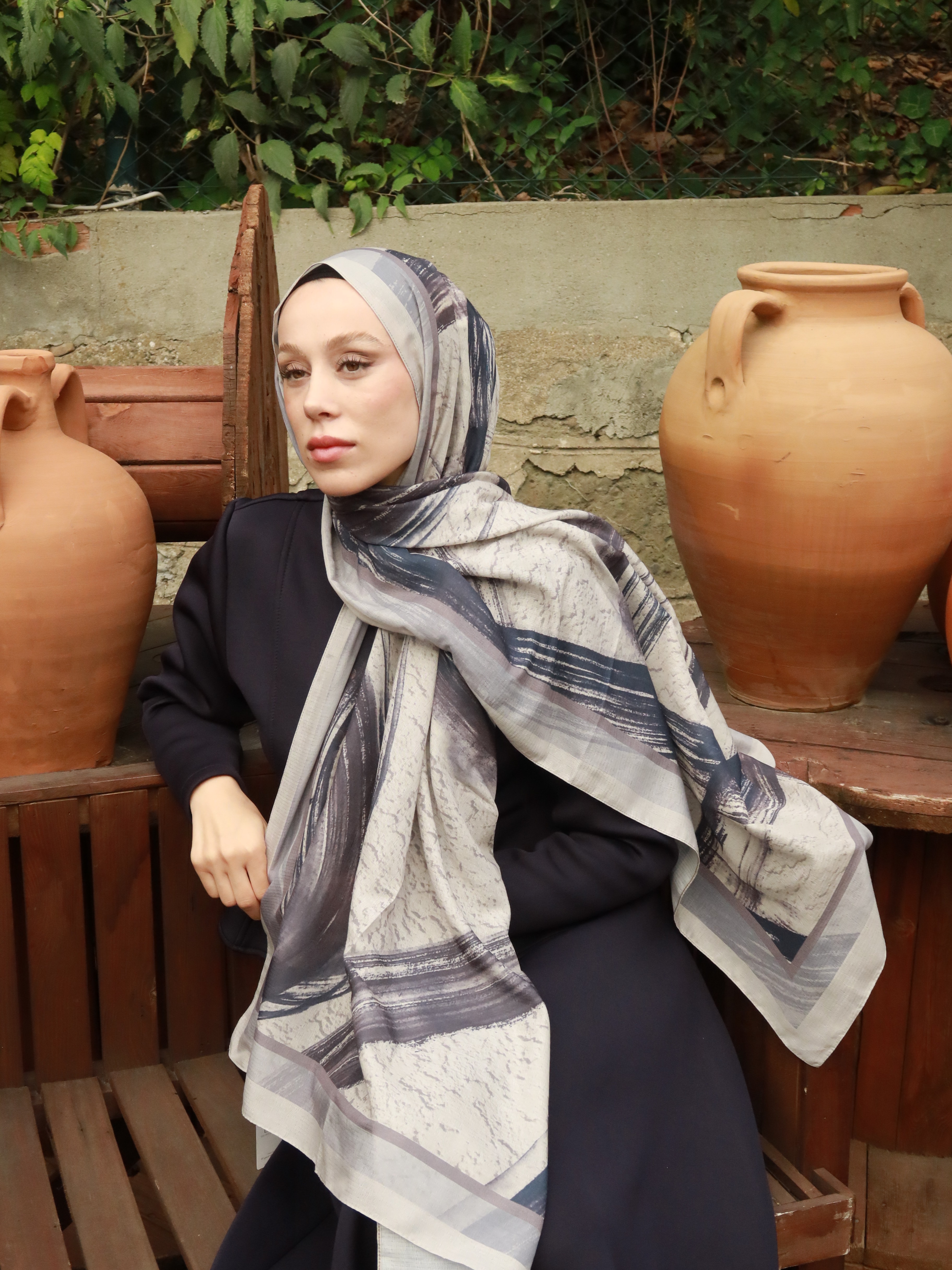 Medcezir Desen Lina Şal - İğde-Gri
