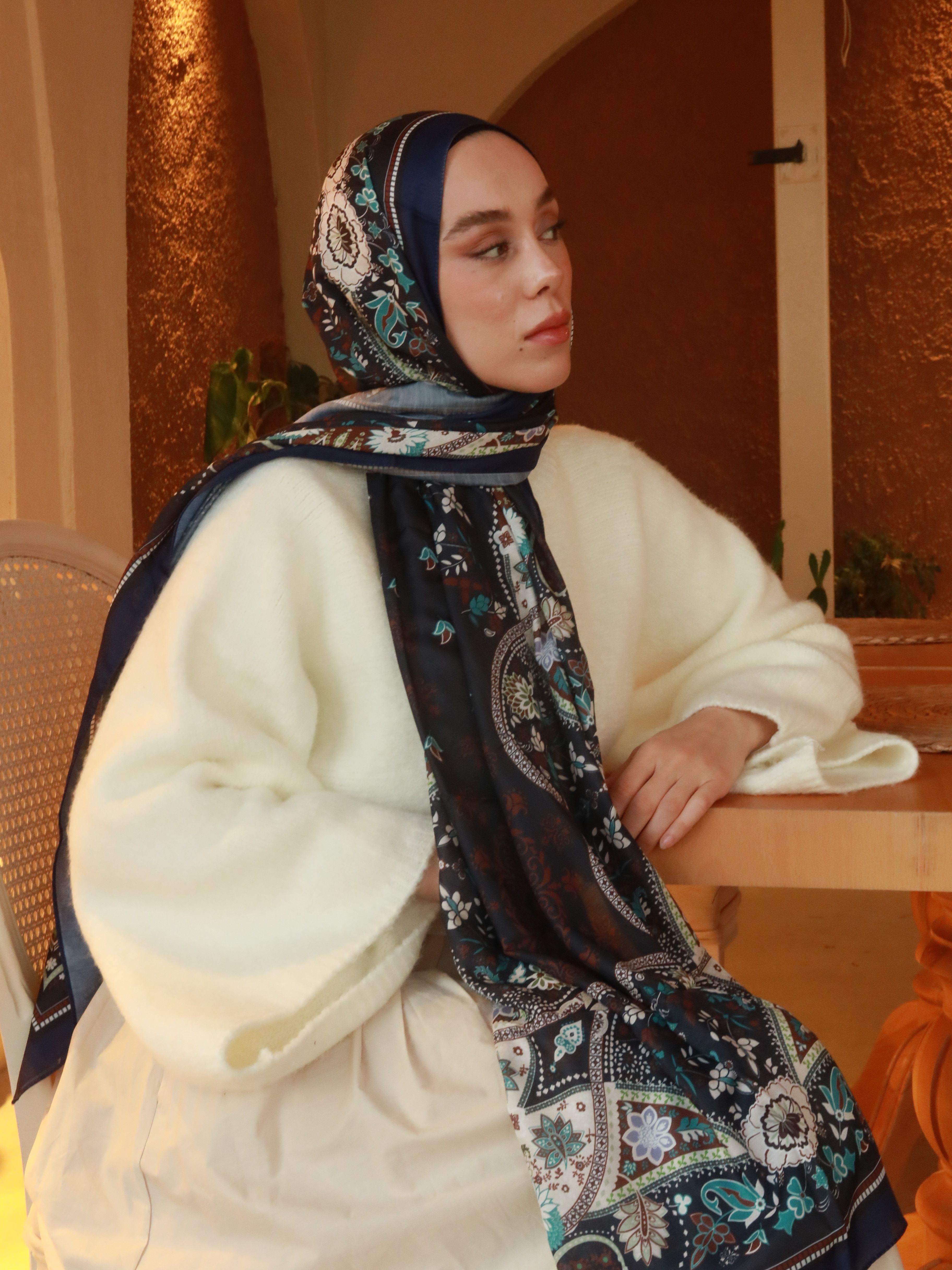 Lalezar Pattern Cotton Shawl - Gece Mavisi