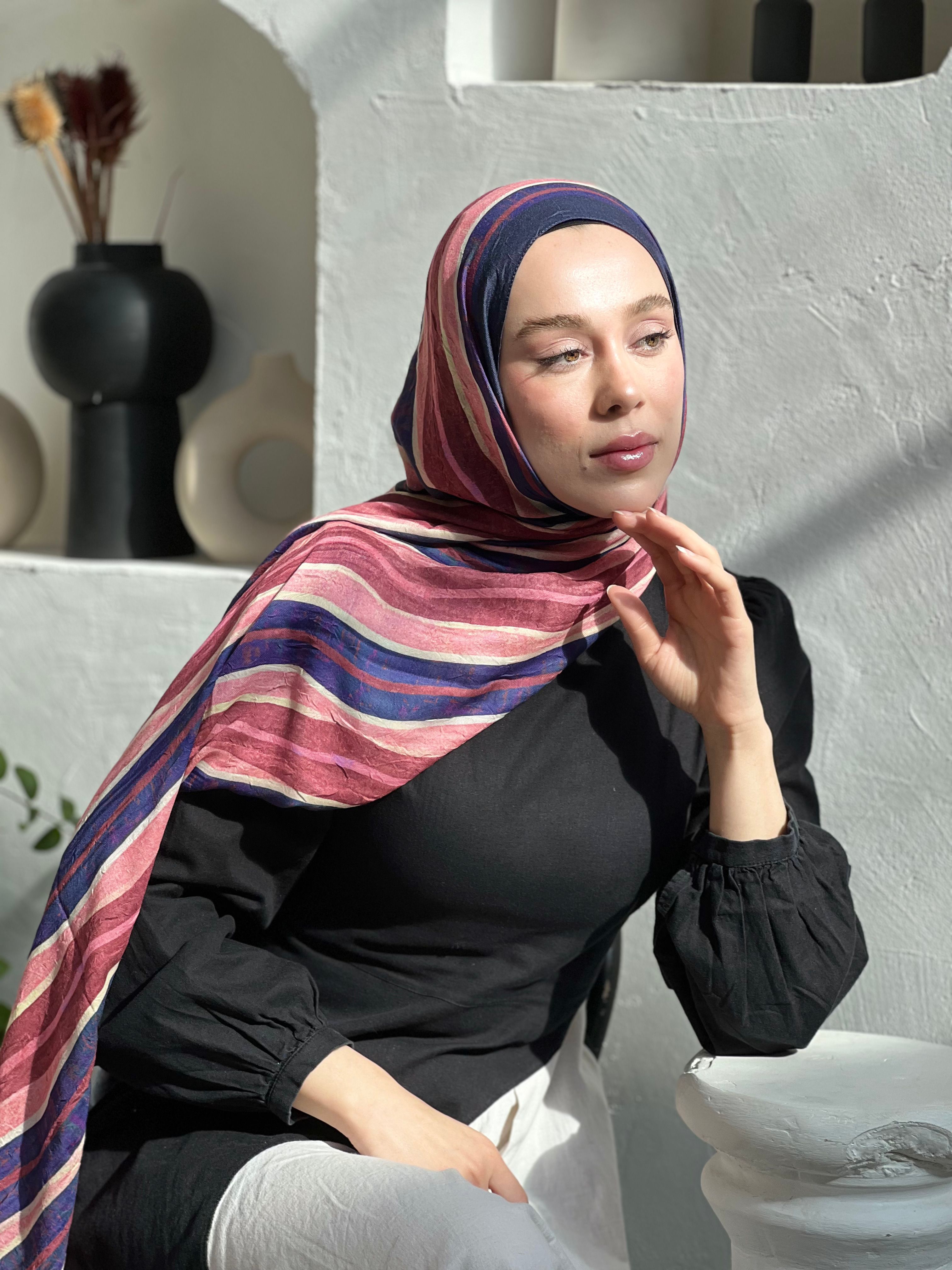 Stripe Pattern Bamboo Shawl - Purple-Navy Blue