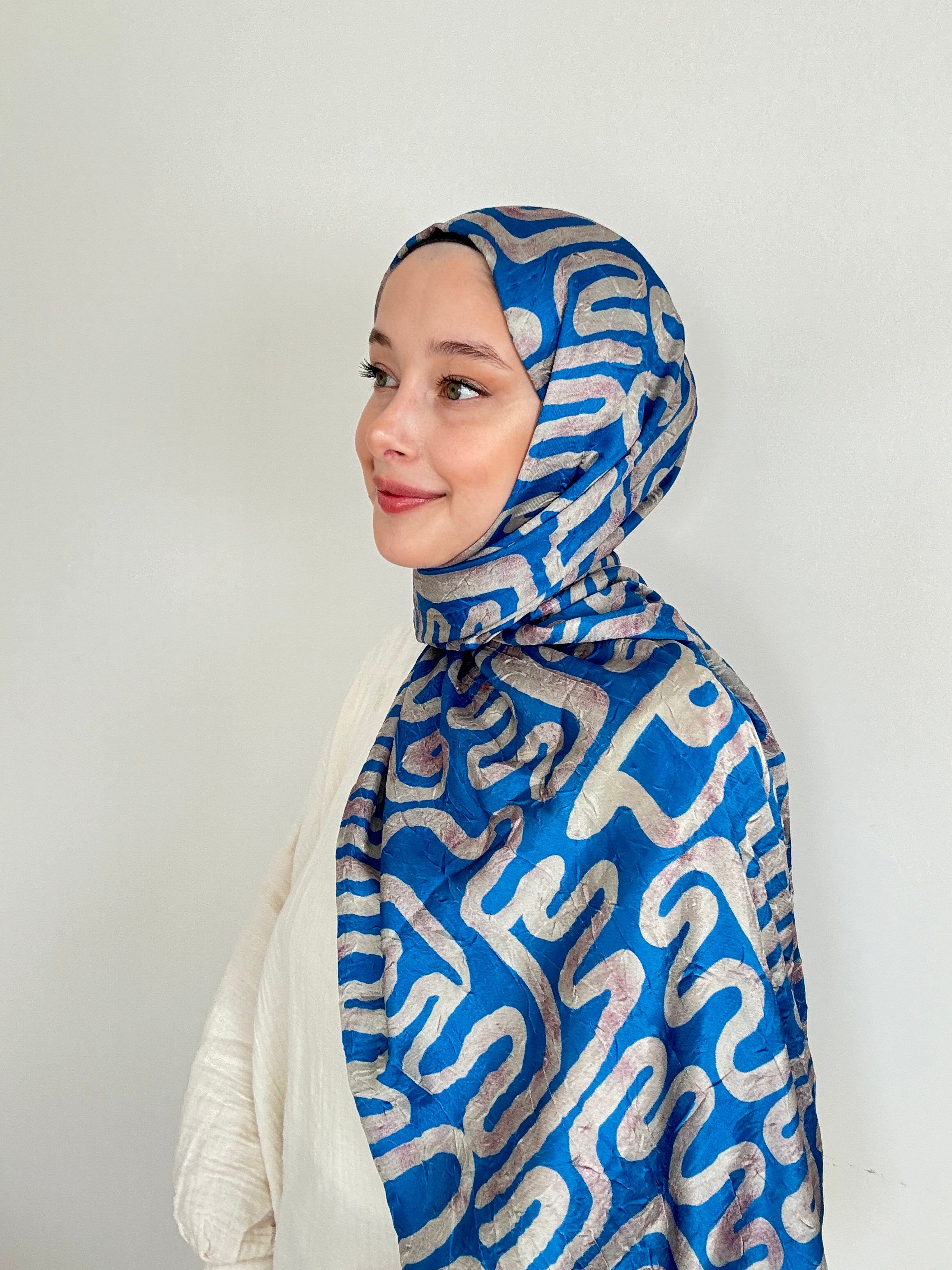 Abstract Wave Pattern Bright Bamboo Shawl - İndigo-Antik Bej