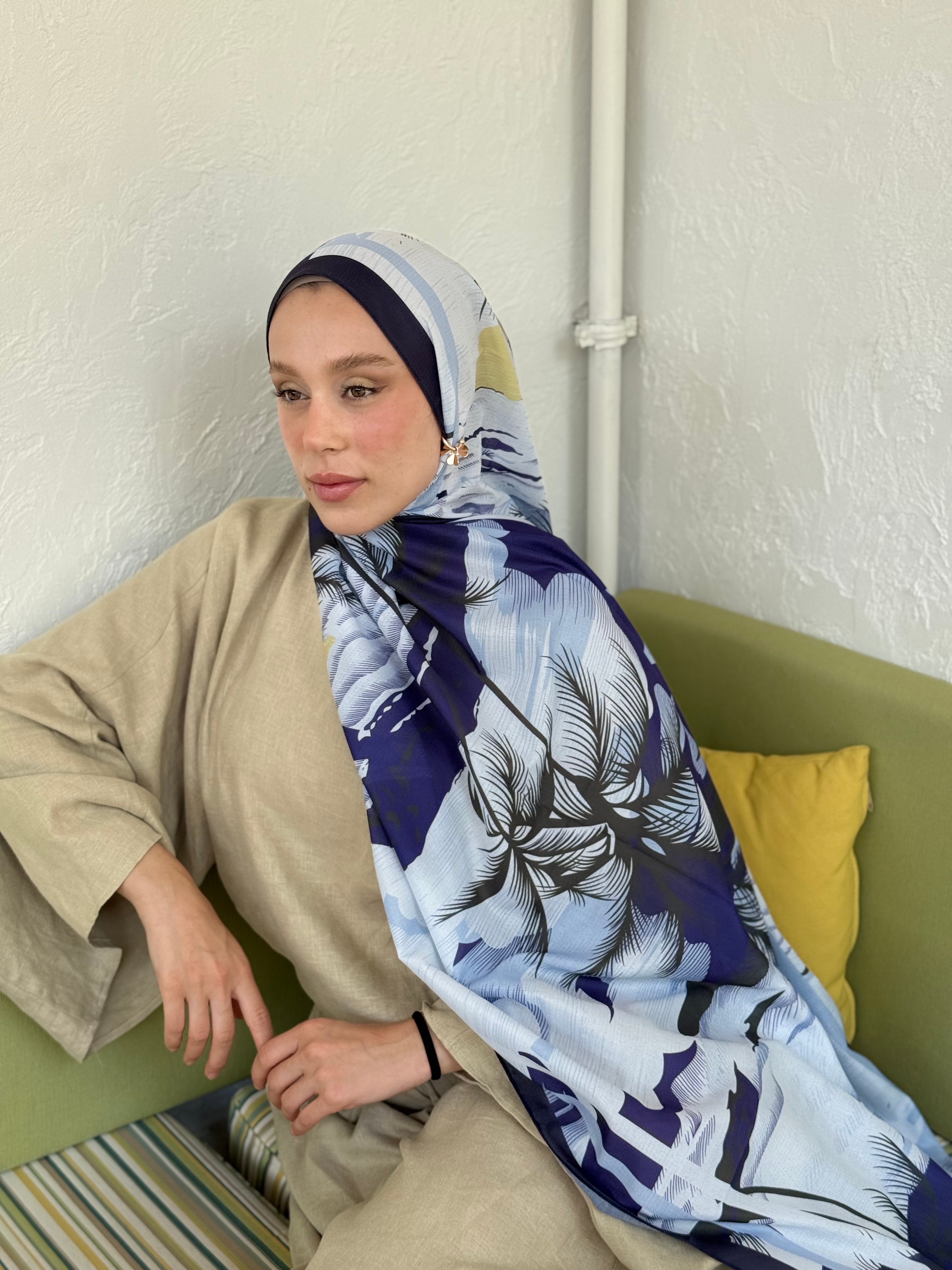 Palm Desen Lina Serisi Şal - Koyu Lacivert