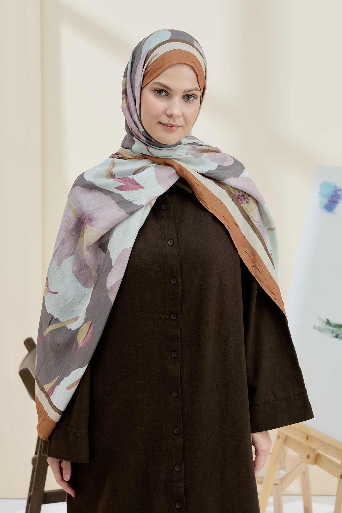 Poppy Pattern Bamboo Shawl - Caramel
