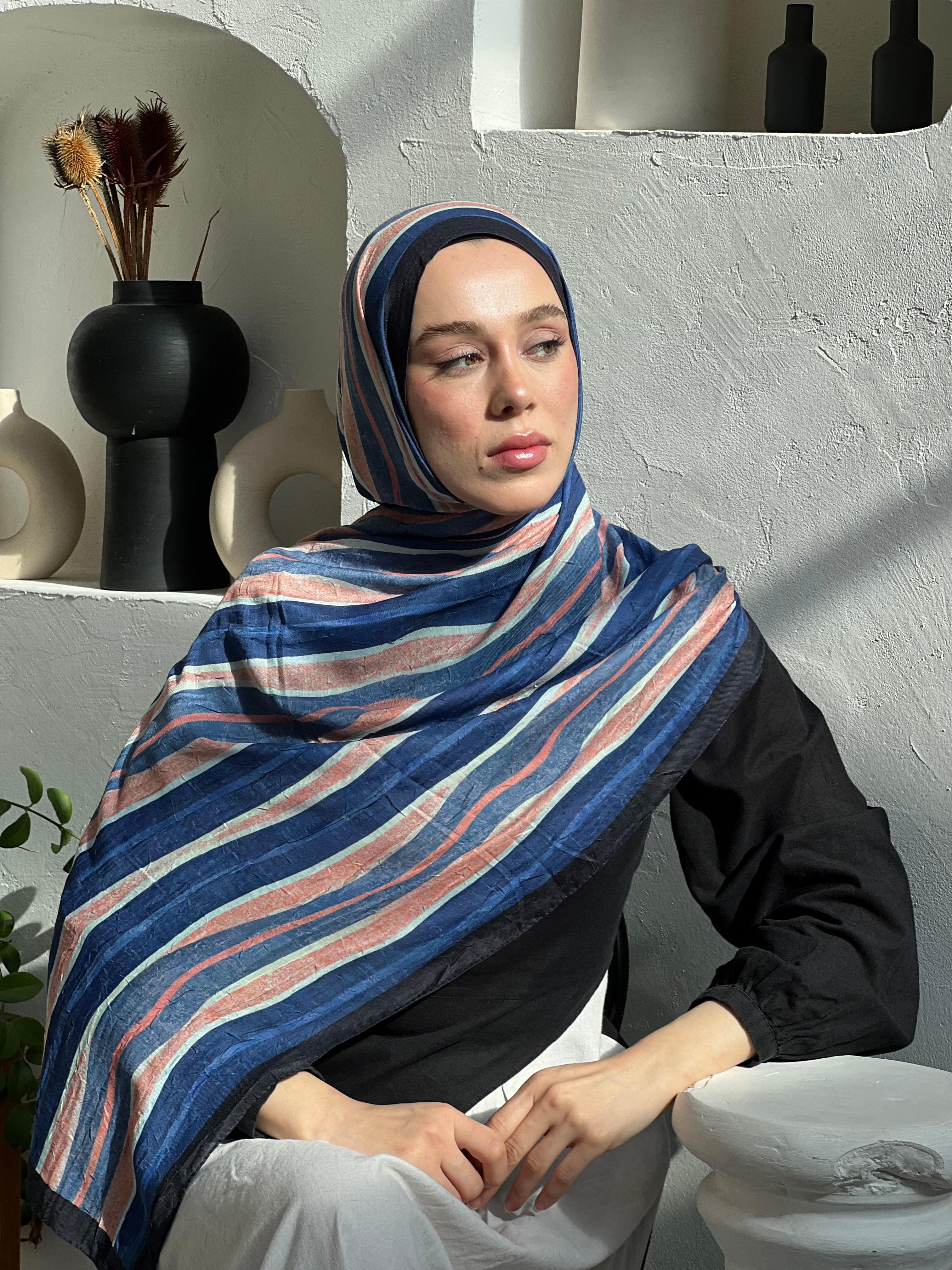 Stripe Pattern Bamboo Shawl - Navy Blue-Blue