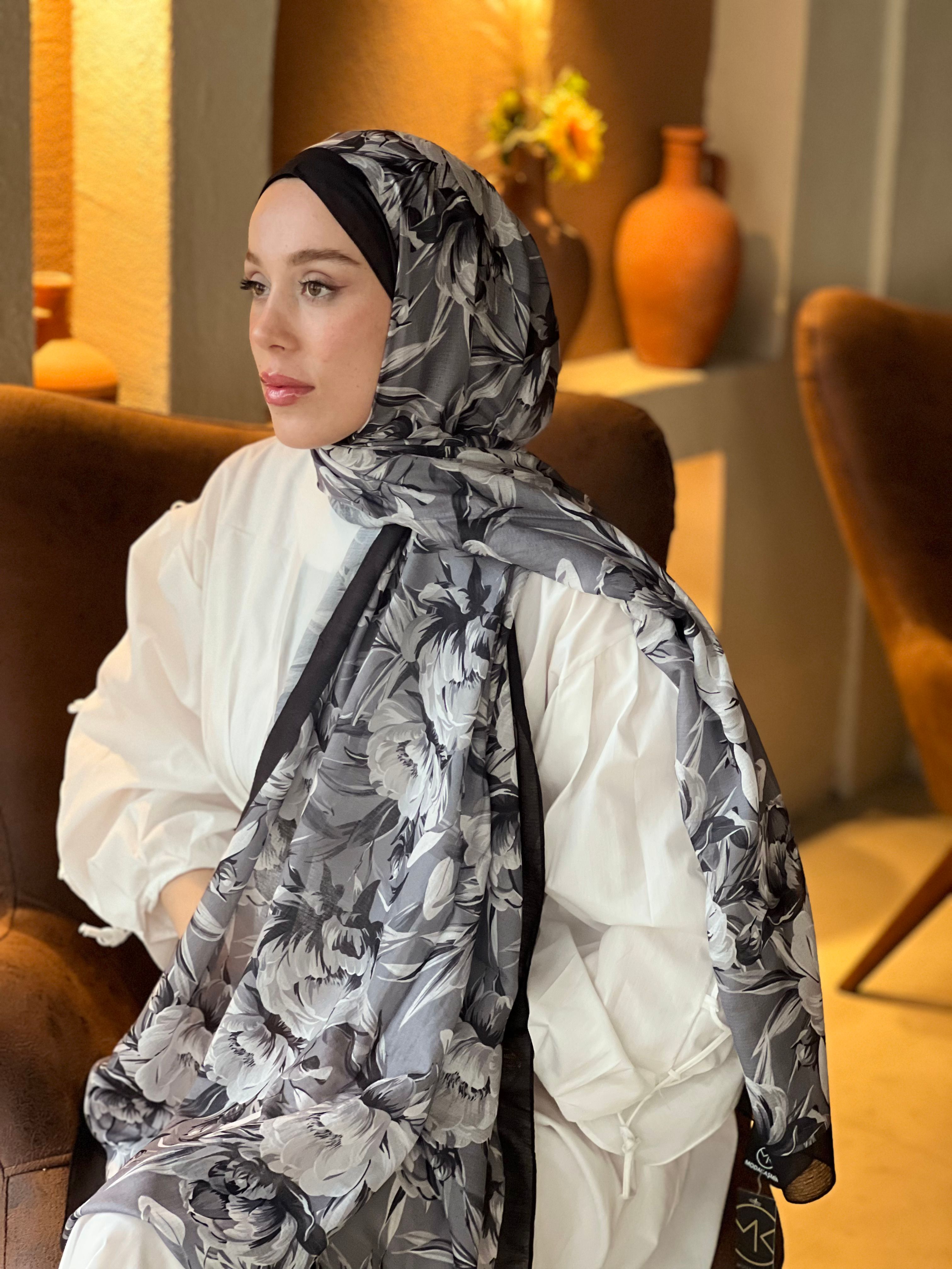 Seta Desen Lina Şal - Siyah-Gri