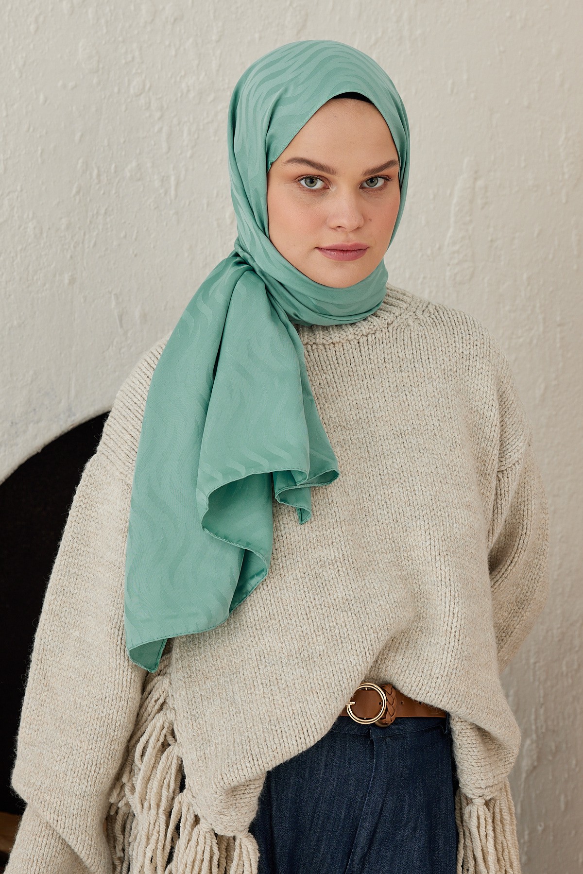 Silky Jacquard Series Welle Pattern Shawl - Soft Yeşil