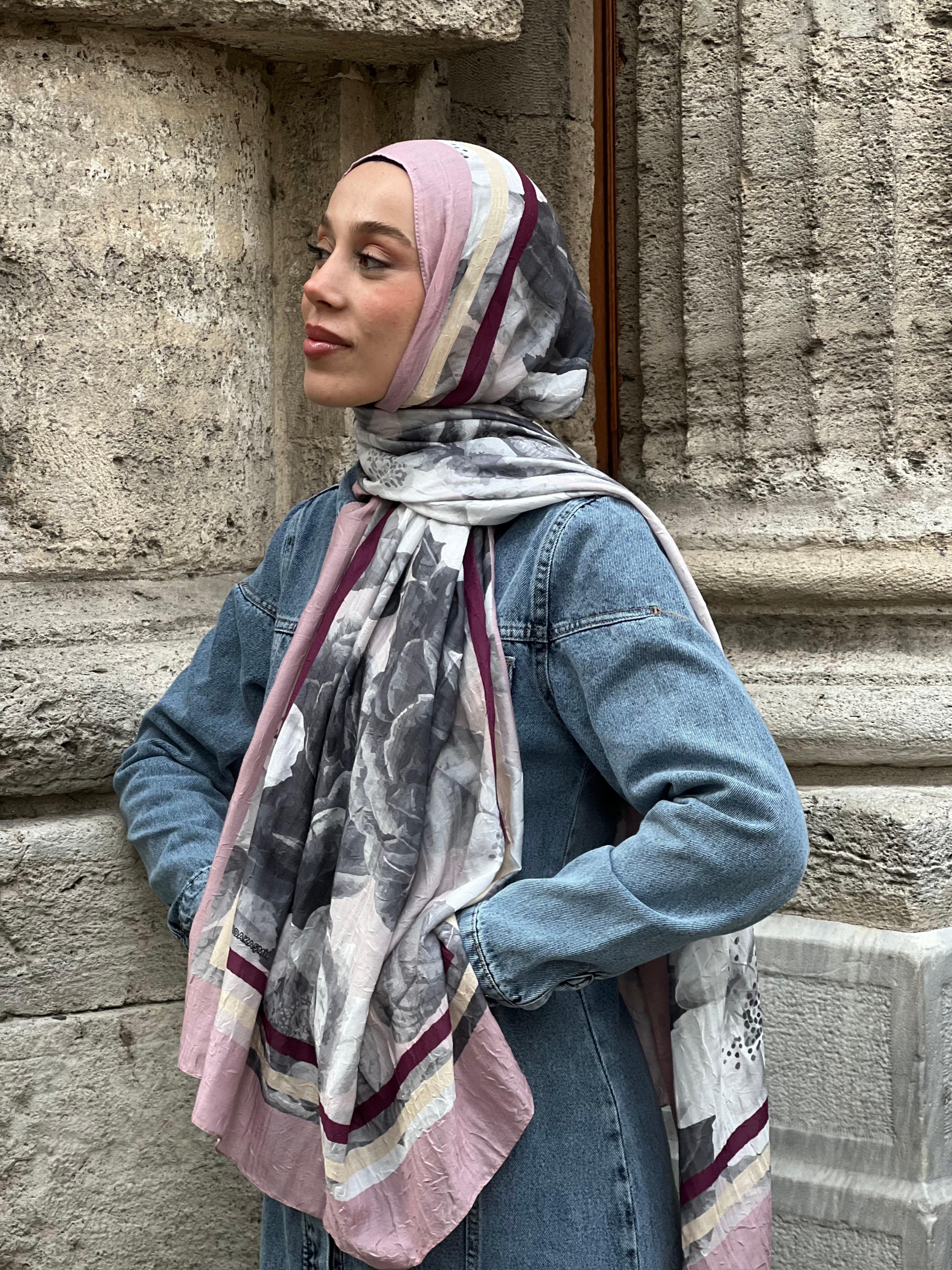 Gül Desen Bambu Şal - Pudra