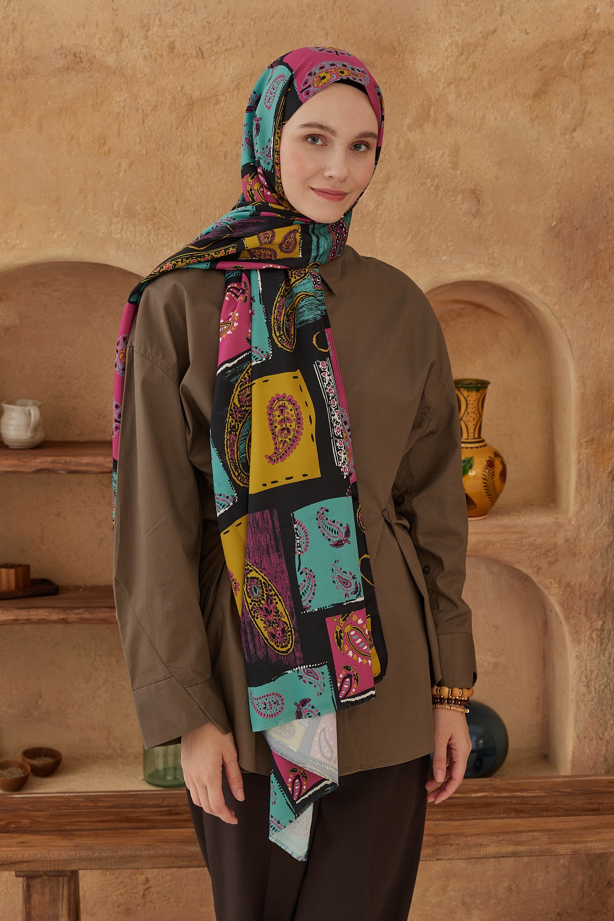 Silky Shawl Paisley Patchwork Pattern - Siyah-Mint