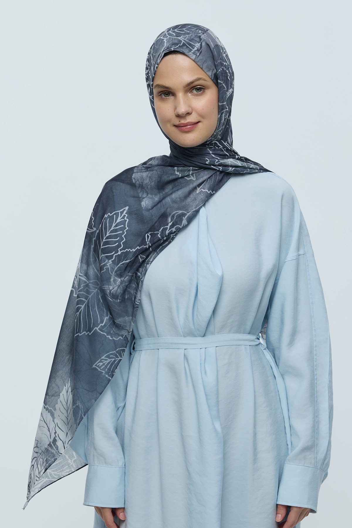 Safir Yaprak Desen Aya Şal - Siyah-Eflatun
